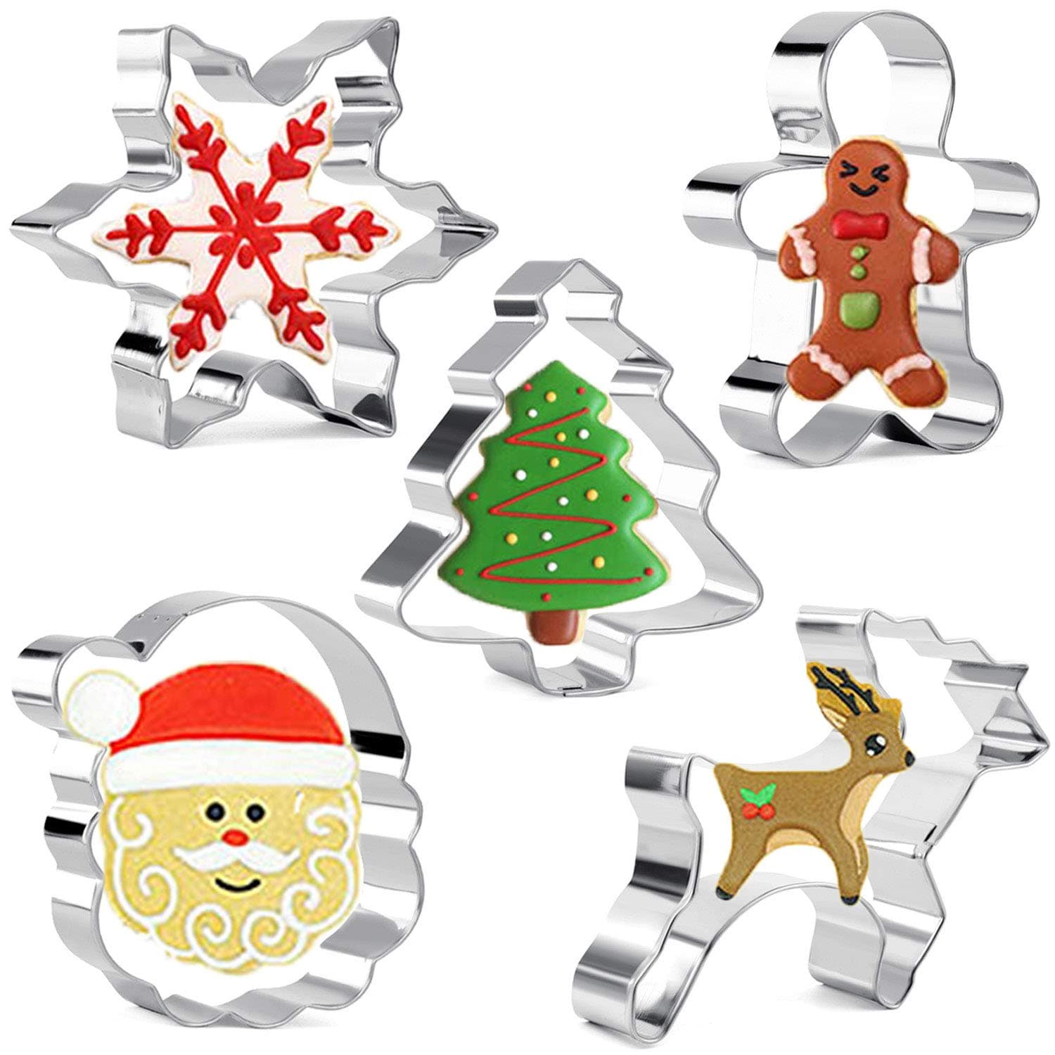 Christmas Cookie Cutters Snowflake,Christmas Tree,Gingerbread Man,Santa Face and Reindeer 5 Pieces Biscuits Pastry Cutter Set by Iindes