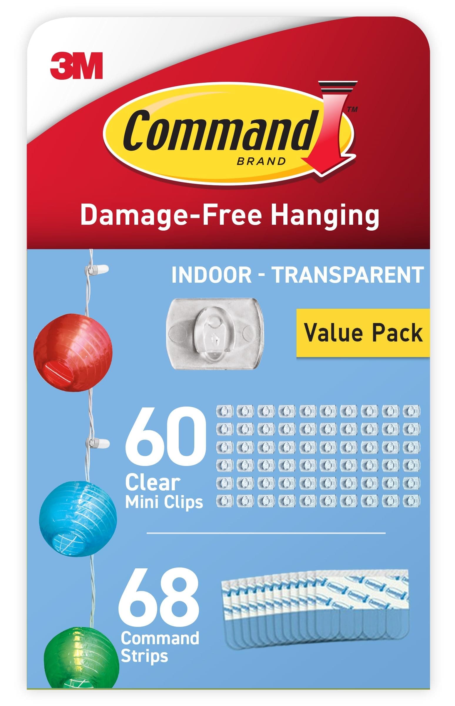 Clear Decorating Clips, Value Pack of 60 Transparent Clips and 68 Small Adhesive Strips - Little Hooks for Decorations and Fairy Lights - Damage Free Hanging - Packaging May Vary