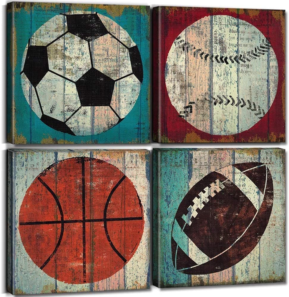Art of Sports Football Decor for Boys Bedroom Basketball Baseball Soccer Canvas Prints Wall Pictures Sports Poster Kids Room Decor Ball Themed Nursery Painting Living Room Home Decorations 20x20" 4Pcs