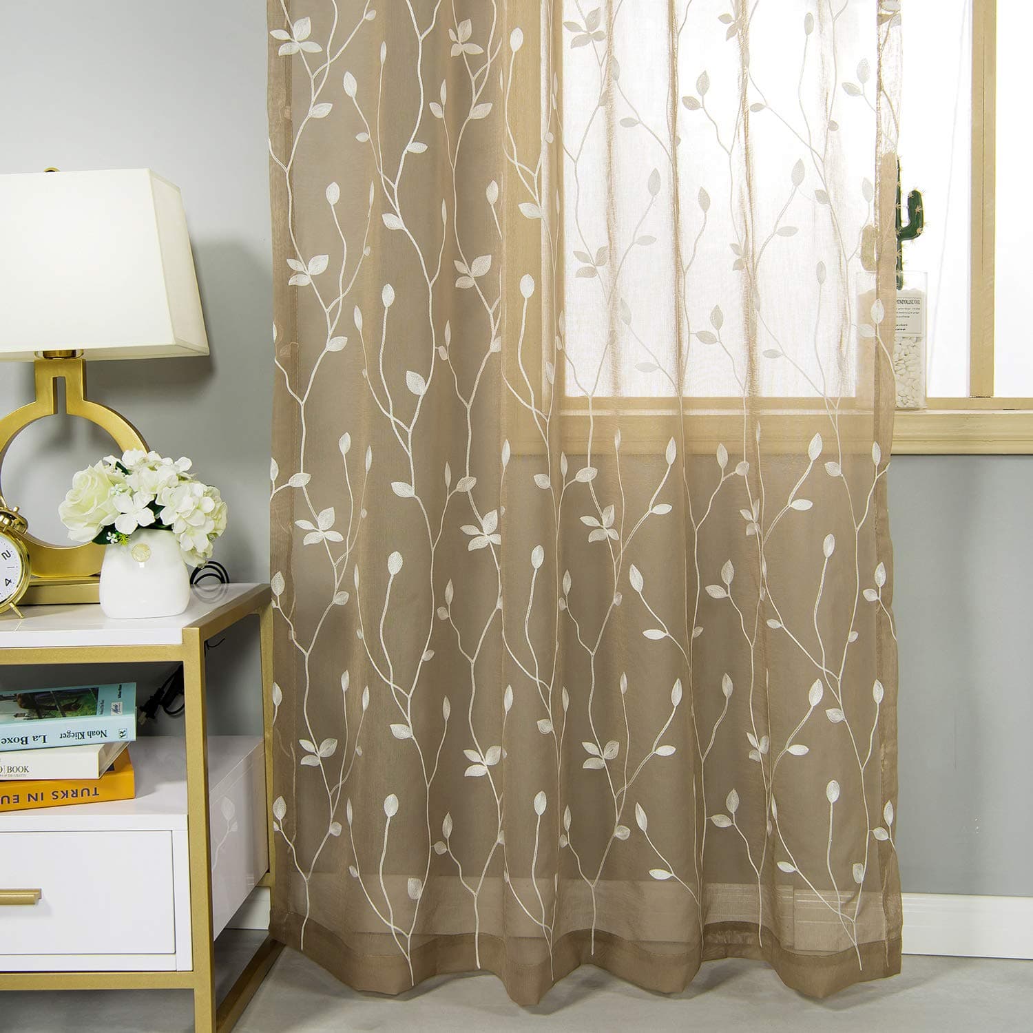 AmHoo 2 Panels Floral Leaf Embroidery Semi Sheer Curtain Rod Pocket Voile for Living Bedroom Window Treatment Coffee 53 x 63 Inch