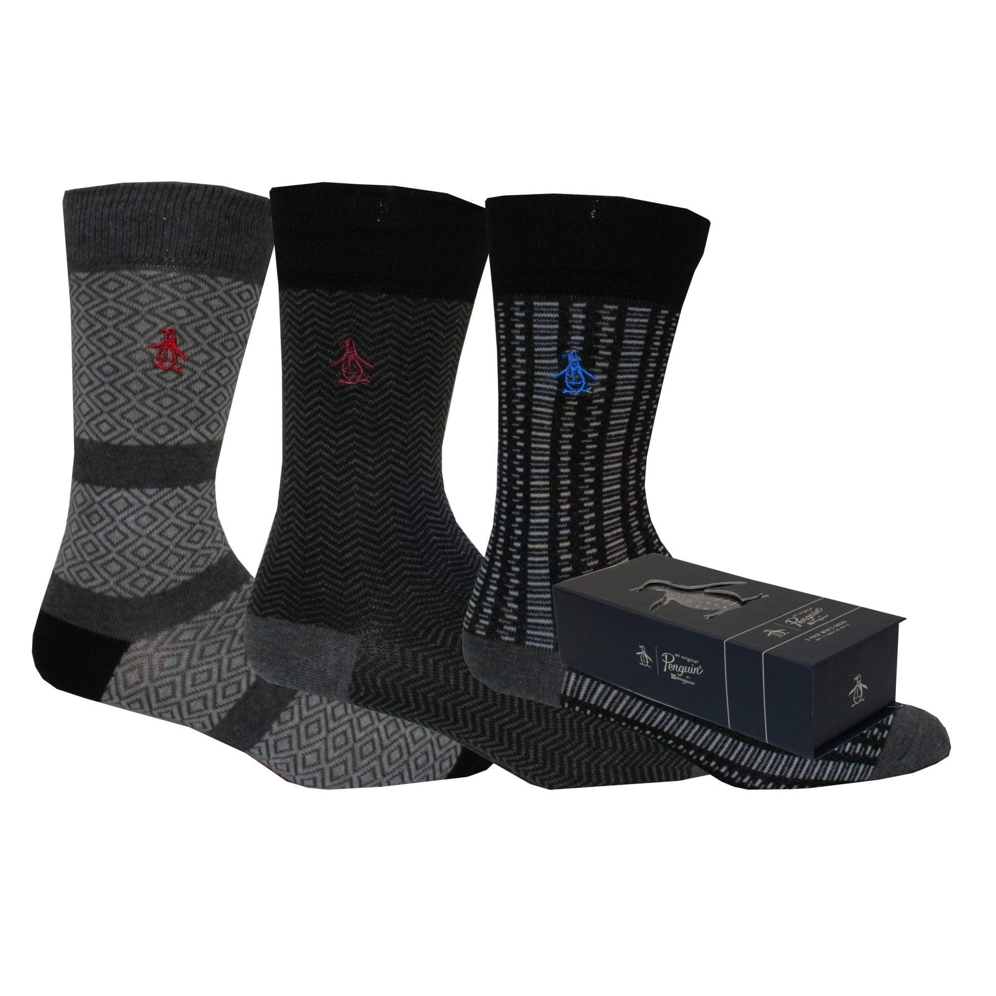 Original Penguin 3-Pack Herringbone/Geo/Stripes Men's Socks Gift Box, Grey Combination