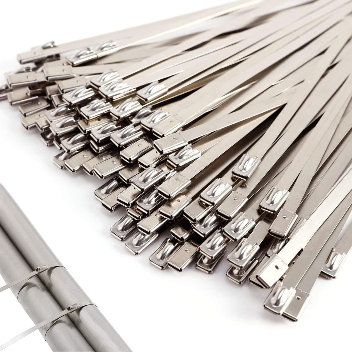 100 pcs Metal Cable Ties Silver Multi-Purpose Heavy Duty Zip Ties 300mmx4.6mm for Exhaust Wrapping Fence Home Automotive Outdoor and Canopy