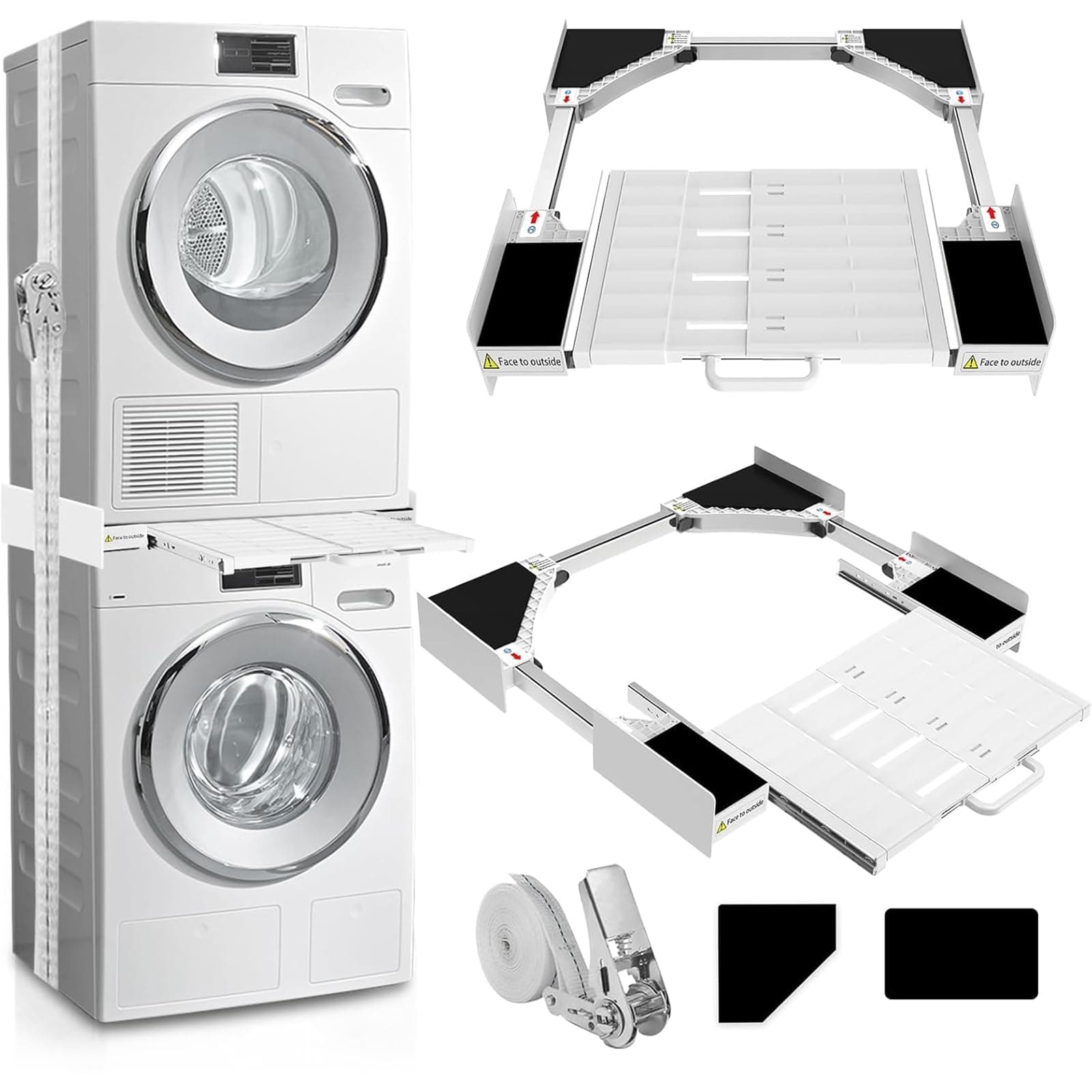 Washer Dryer Stacking Kit, Universal Washer Dryer Stacking Kit with Pull-Out Sliding Plate, Adjustable 29"-21" Stacking Kit for Washer and Dryer with Ratchet Strap
