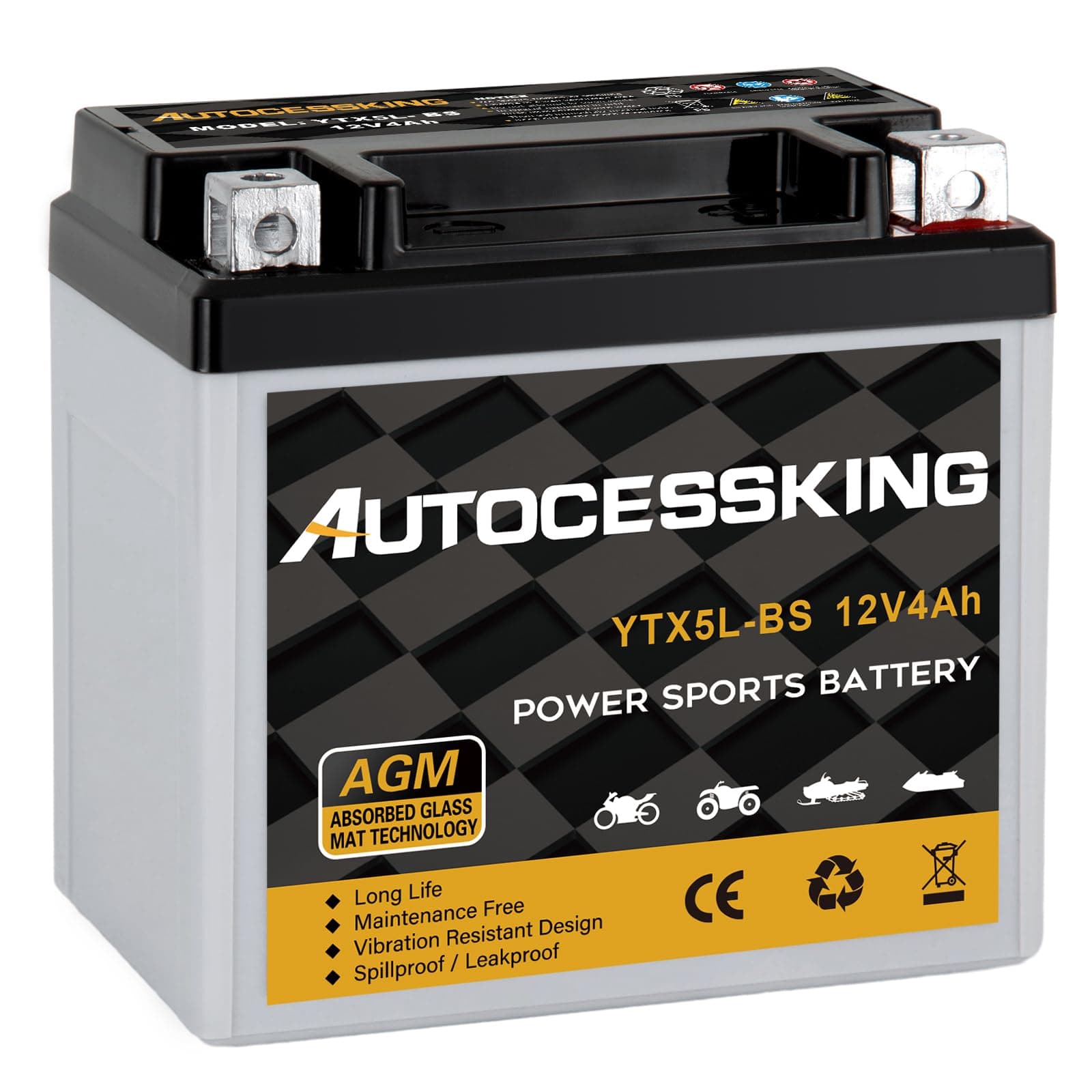 YTX5L-BS Motorcycle Battery, 12V 4Ah Rechargeable Maintenance Free Sealed AGM Battery Powersport Replacement Battery for ATV and Scooter