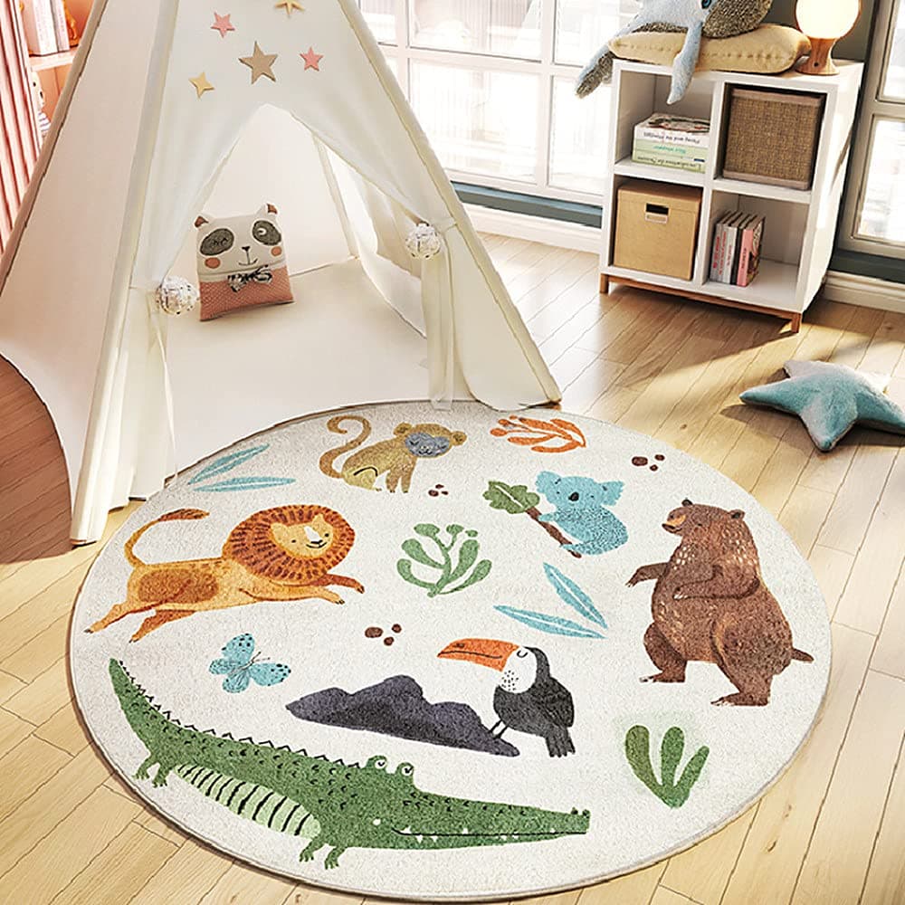Anti-Slip Thickened Round Kids Rug, Cute Soft Animal Plush Cartoon Kids Carpet, Children's Crawling Rug Children's Play Mat for Kindergarten Nursery Bedroom Living Room (A,180 * 180cm)