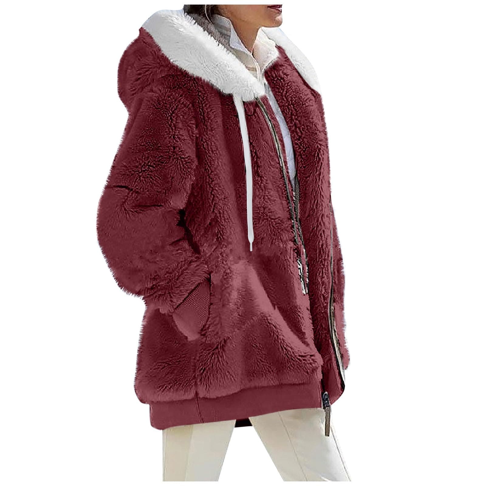 HSUAYEUD Womens Fleece Jackets Full Zipper Pockets Hoodie Coats Winter Warm Soft Teddy Hooded Jacket Warm Fluffy Jacket Fleece Hooded Jacket Overcoat Cardigan