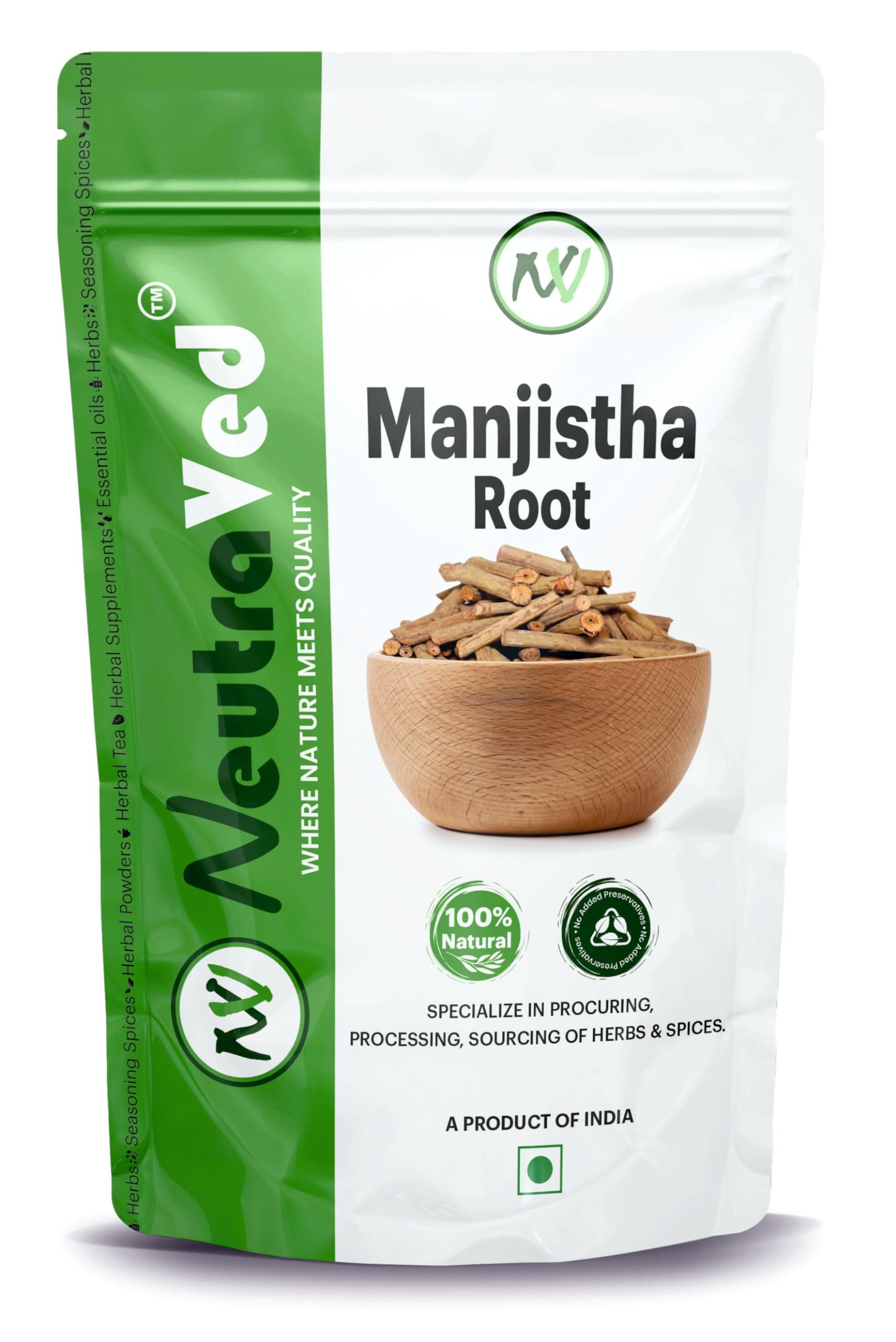 NeutraVed Manjistha Root - 100g, Organic Indian Madder, for Eating also Face and Hair Care, Skin - Ayurvedic Herbs for Men and Women, Packed Clean in Stand-Up Zipper Bag - 100g