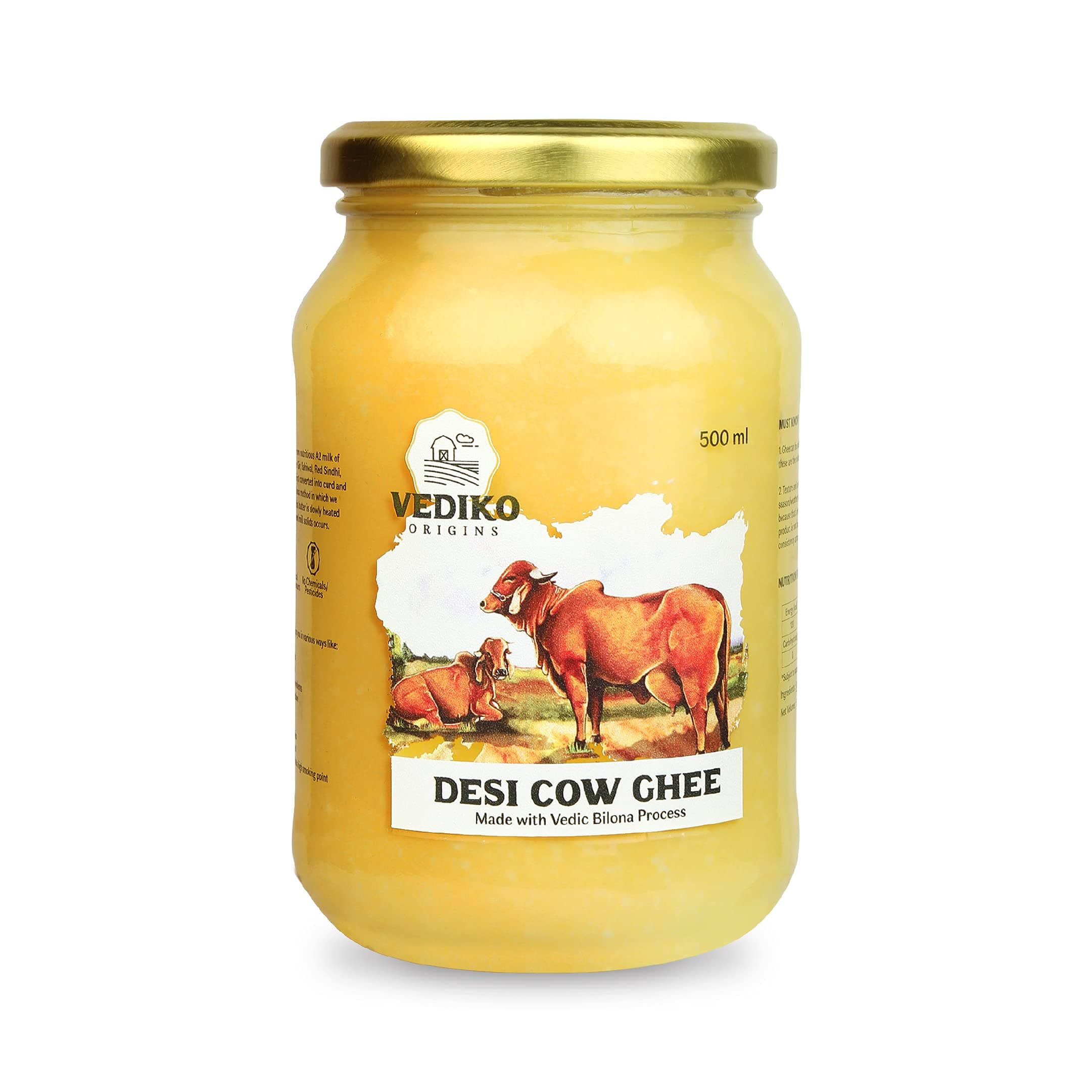 Vediko Origins A2 Desi Cow Ghee | 100% Pure Desi Cow Ghee, A2 Certified | Vedic Bilona Method | Immunity Booster| Energy Enhancer - 500 ML (Glass Bottle)