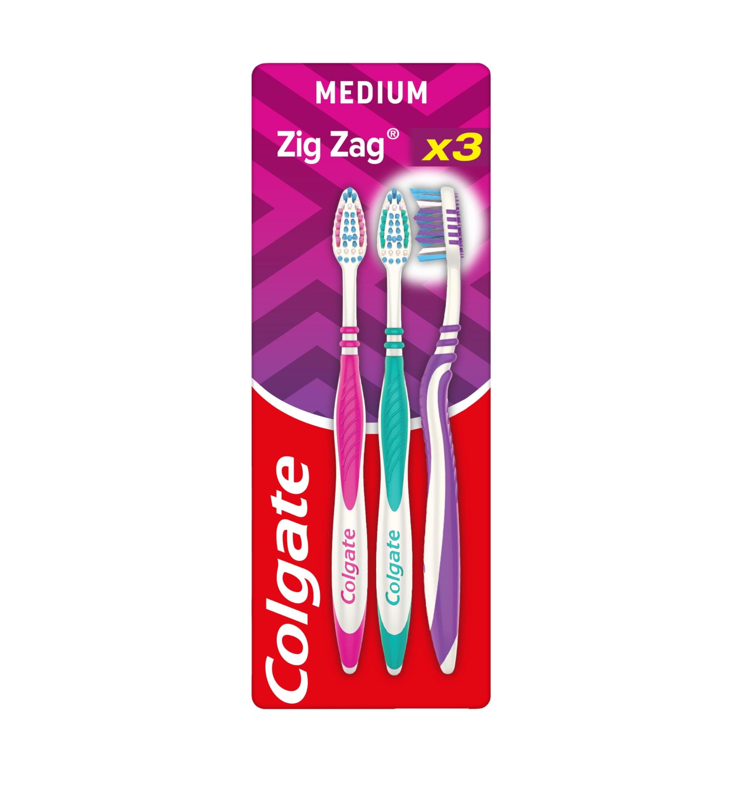 Colgate Zig Zag Medium Manual Toothbrush - Multi Angle Cross Bristles with Flexible Neck for Gum Comfort - 3 Count (Pack of 1)