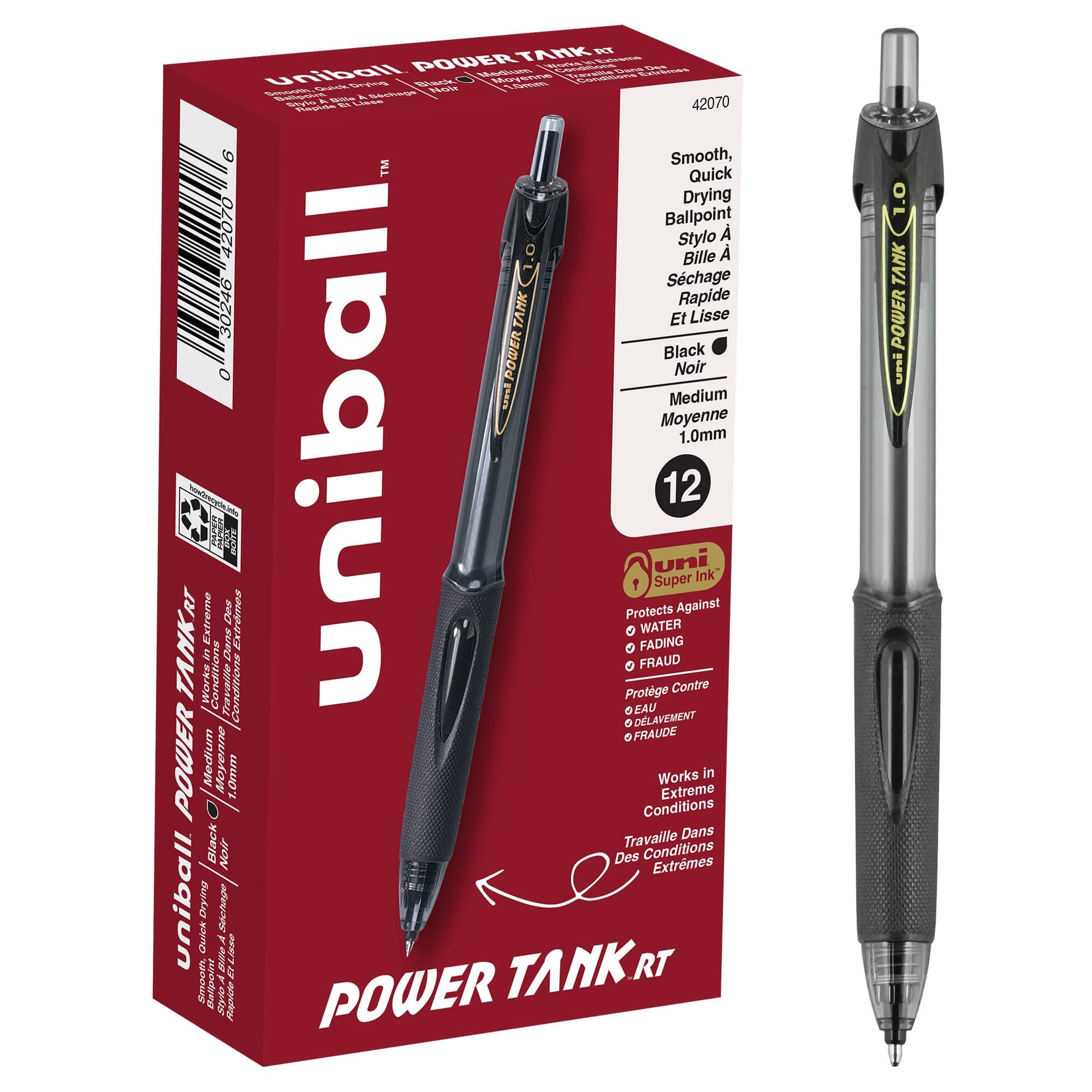PowerTank RT Black Pens - Bold 1.0mm, 12 Pack, Retractable, Smooth Writing, Office Supplies