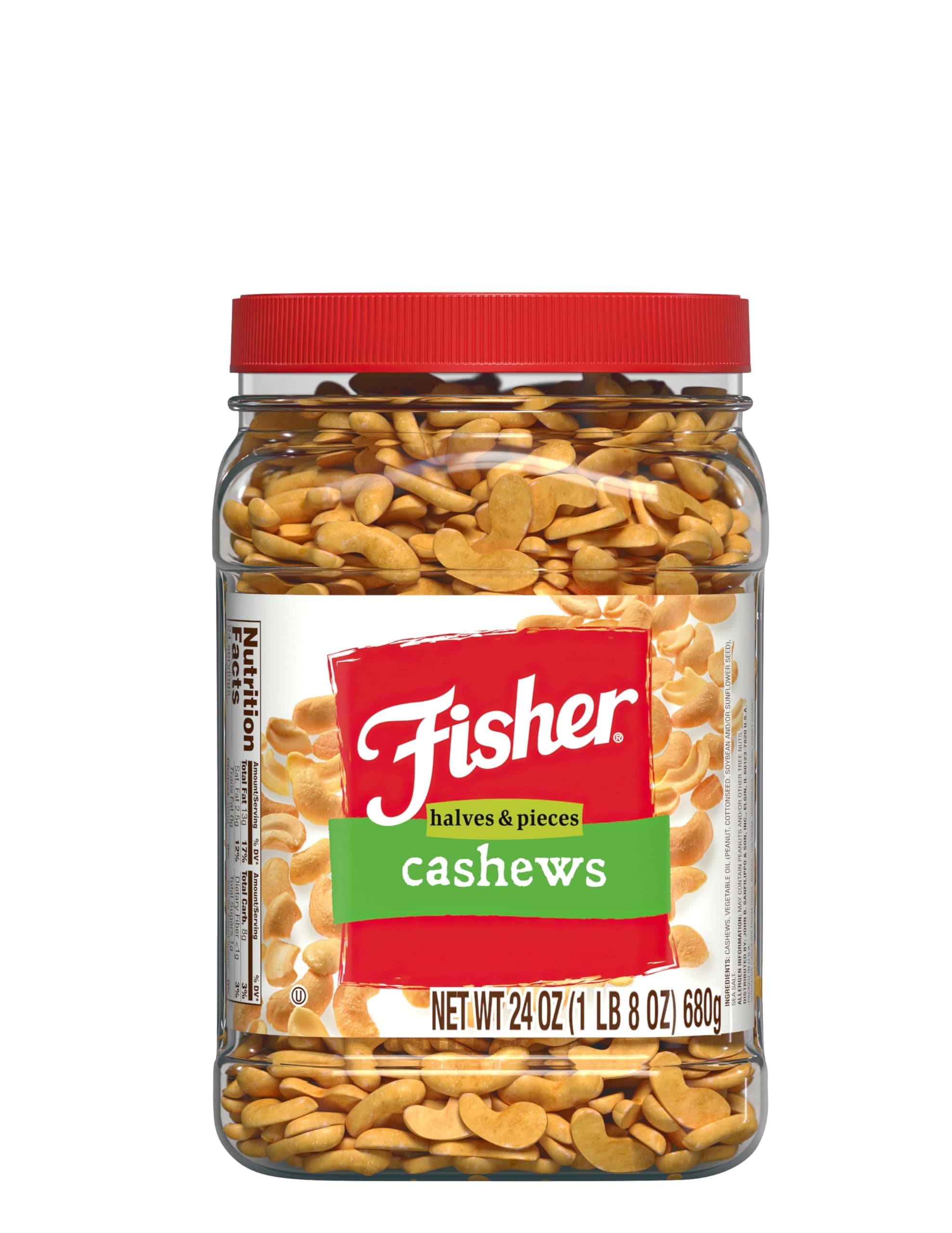 Fisher Snack Cashew Halves and Pieces, 24 Ounces, Roasted with Sea Salt, No Artificial Colors or Flavors, 100% Recyclable