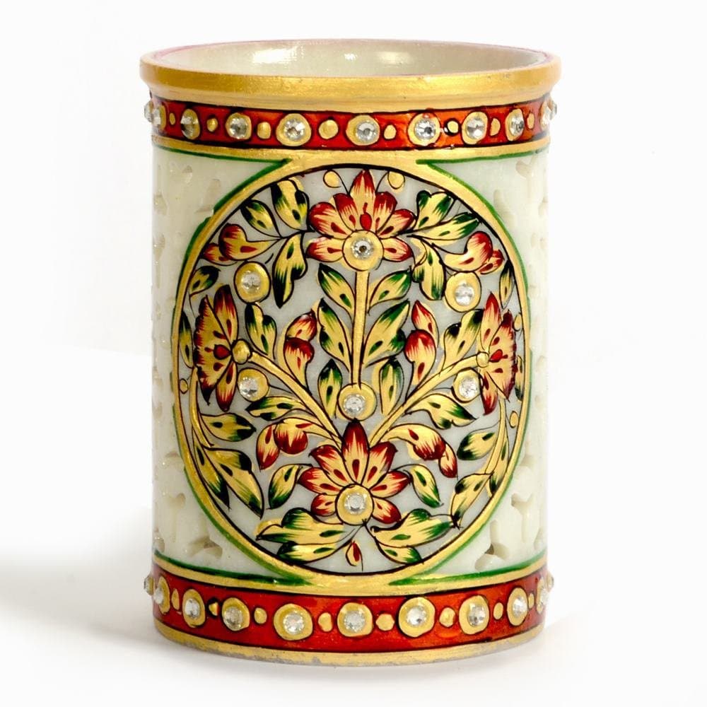 Little India Golden Meenakari Gem Studded Jali Marble Pen Stand 377