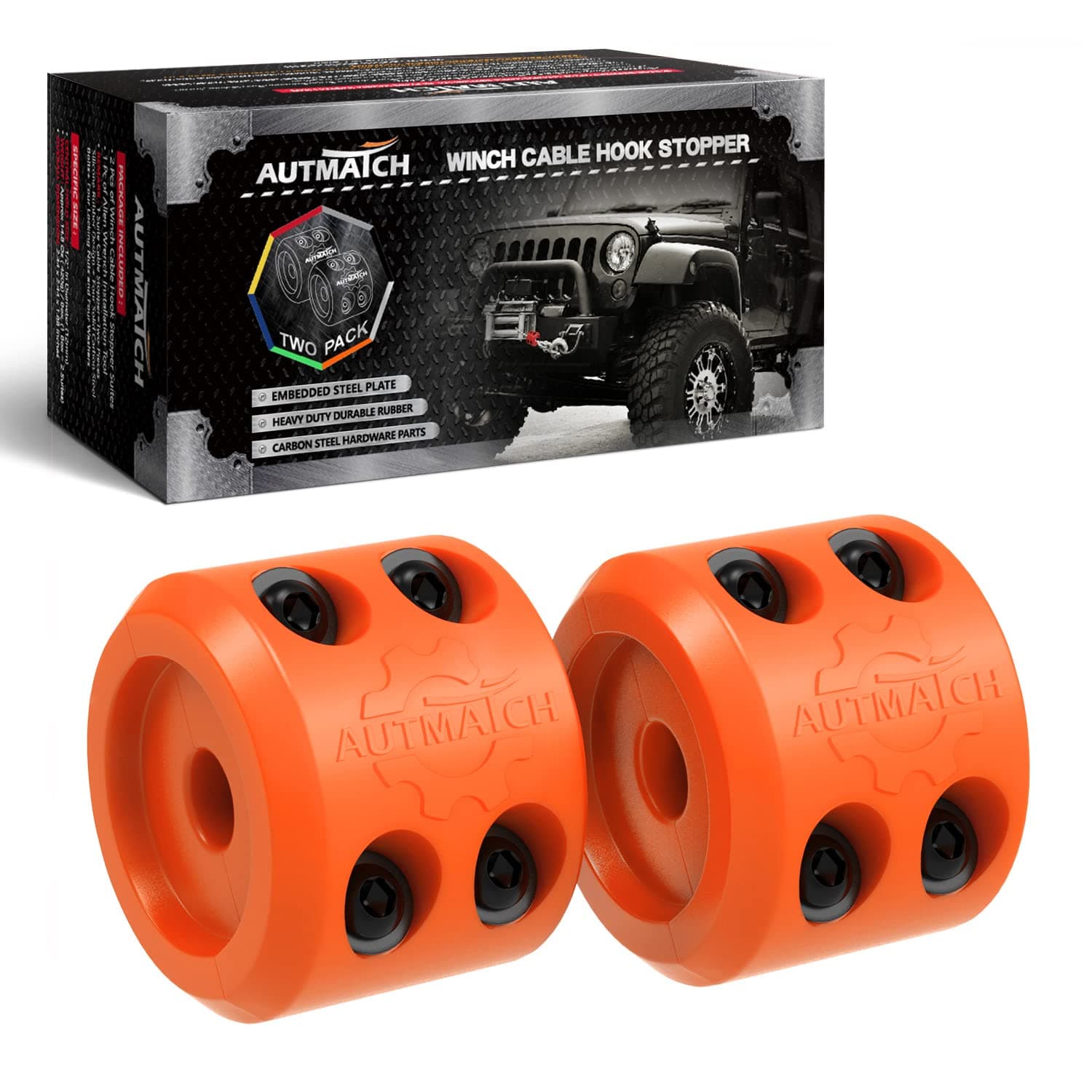 AUTMATCH Winch Cable Hook Stopper (2 Pack), Silicone Rubber Winch Stopper for Wire & Synthetic Rope, Winch Line ATV UTV, Shock Absorbent, Prevent Pulling Bounce and Abrasion, Orange