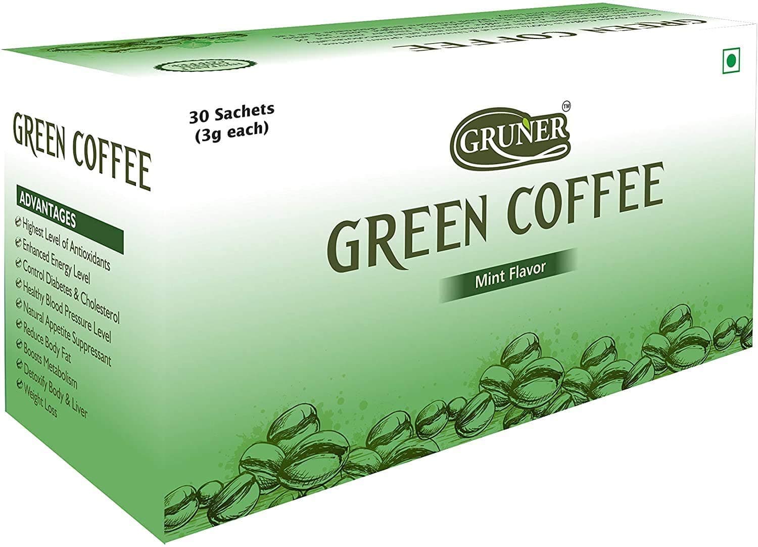 Gruner Mint Flavored Unroasted Green Coffee Powder Sachet each 3 gram