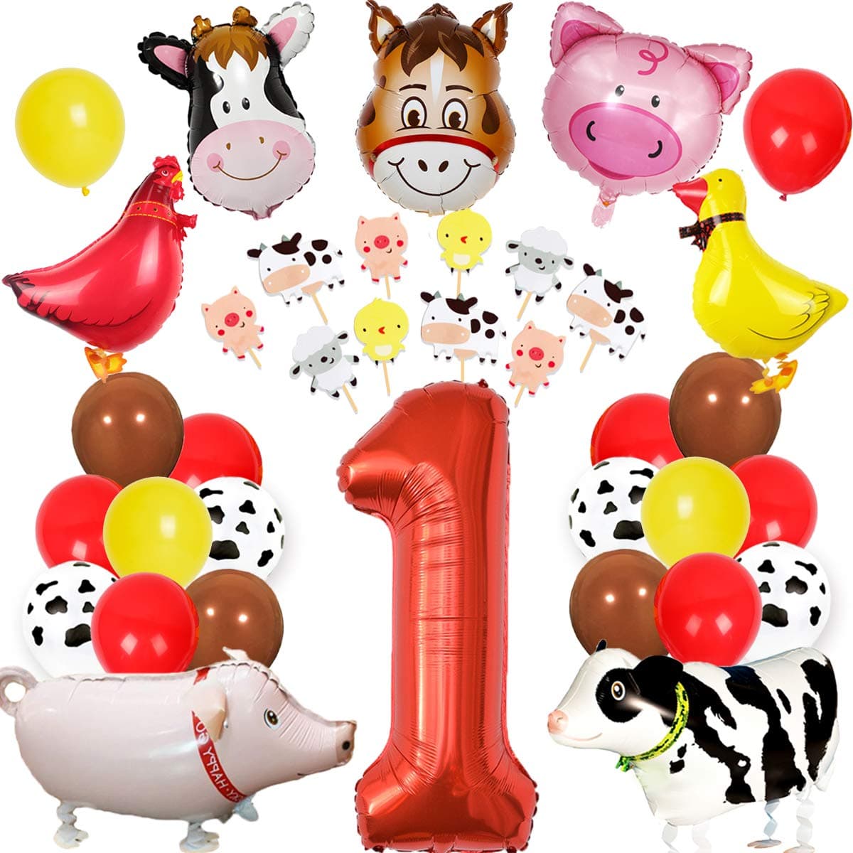 Farm Animal 1st Birthday Decorations Barnyard Animal Party Supplies Boys Girls First Birthday with Cake Toppers Farm Animal Walking Balloons