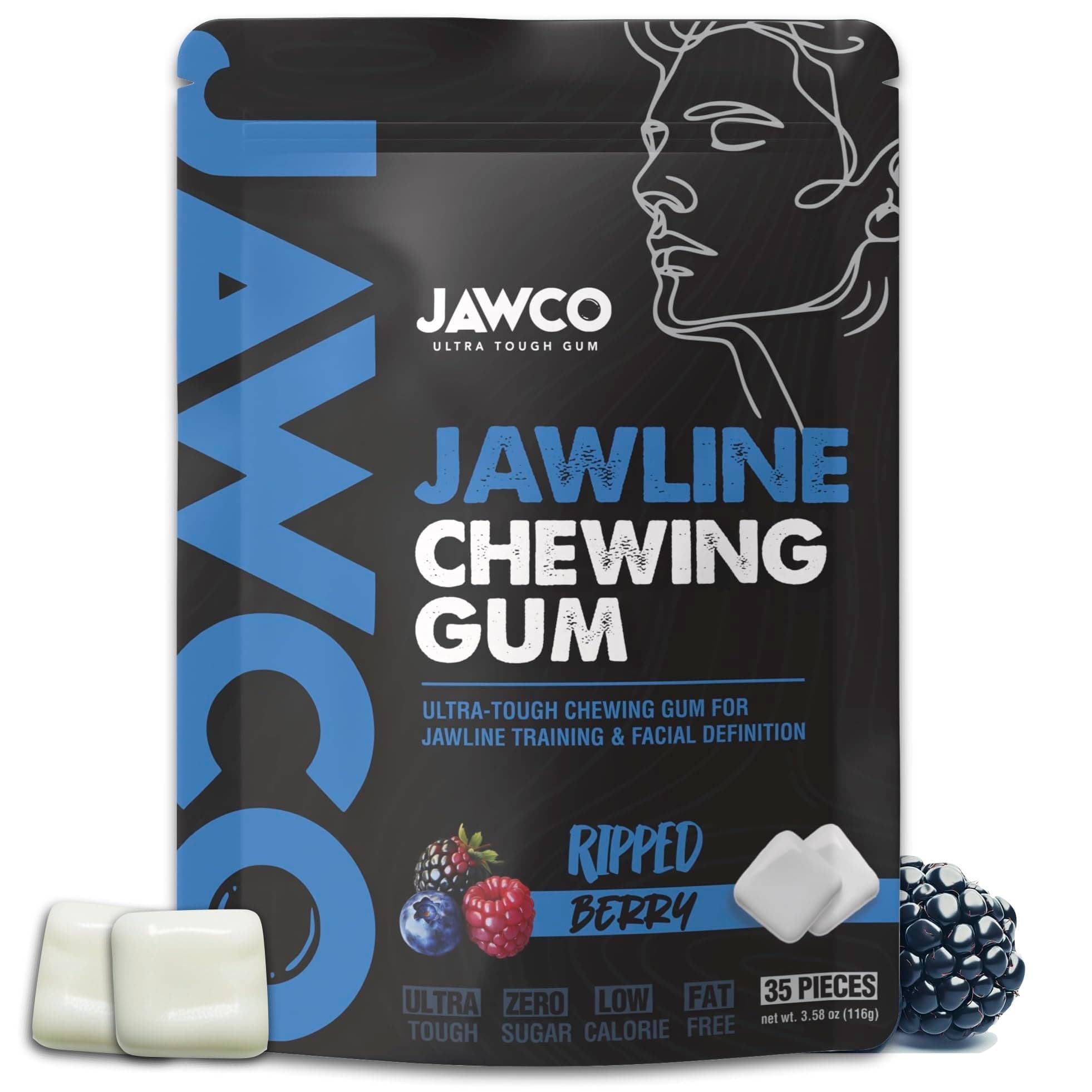 JAWCKO Ultra-Tough Jawline Chewing Gum | Get a Stronger, Squarer Jawline | Ripped Berry Jaw Training Hard Gum | 15X Strength | Chisel, Sculpt, Tone your Jaw | Facial Fitness Mewing Gum | 40 Pieces