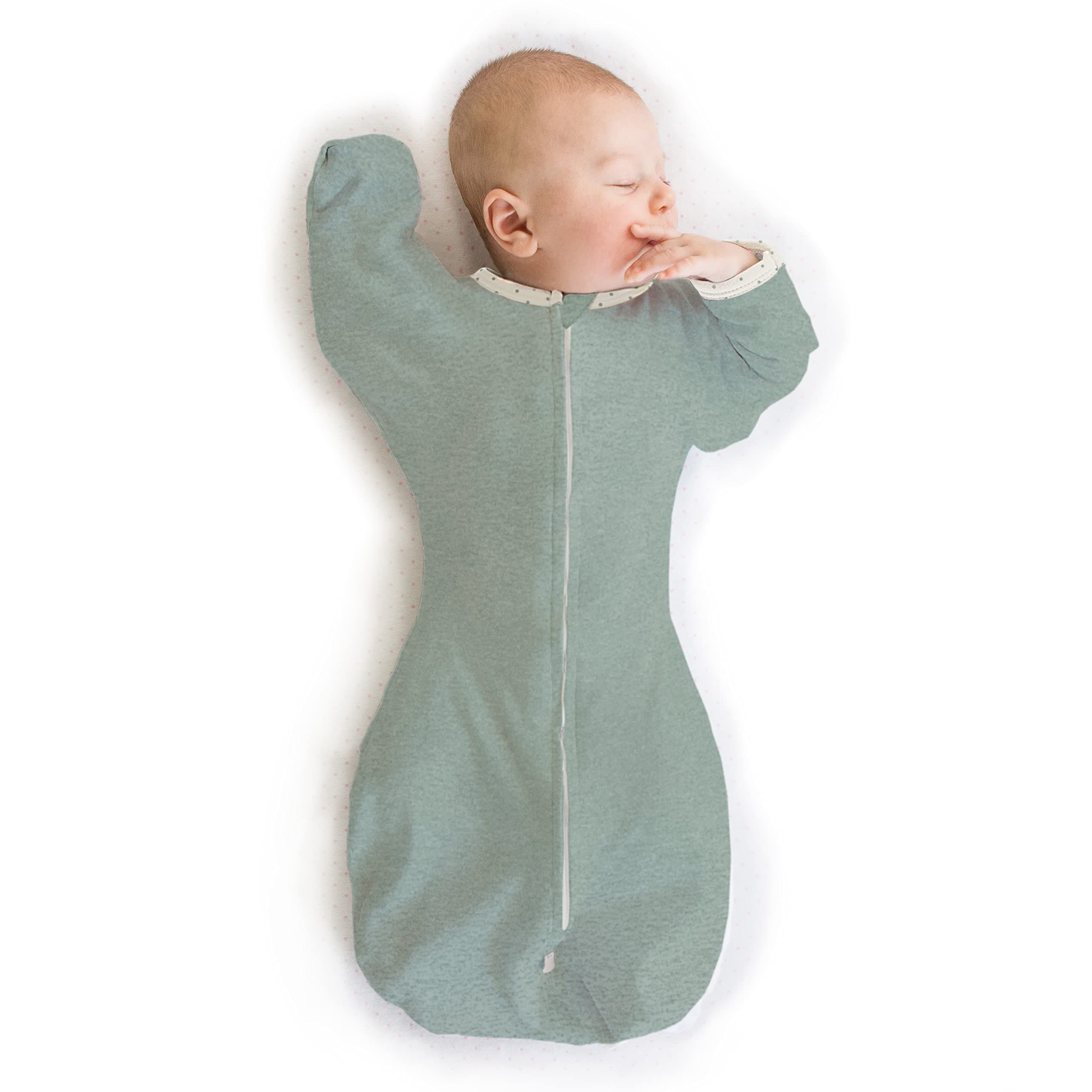 SwaddleDesigns Transitional Swaddle Sack with Arms Up Half-Length Sleeves and Mitten Cuffs, Heathered Jadeite with Polka Dot Trim, Medium, 3-6 Mo, 14-21 lbs (Better Sleep, Easy Swaddle Transition)