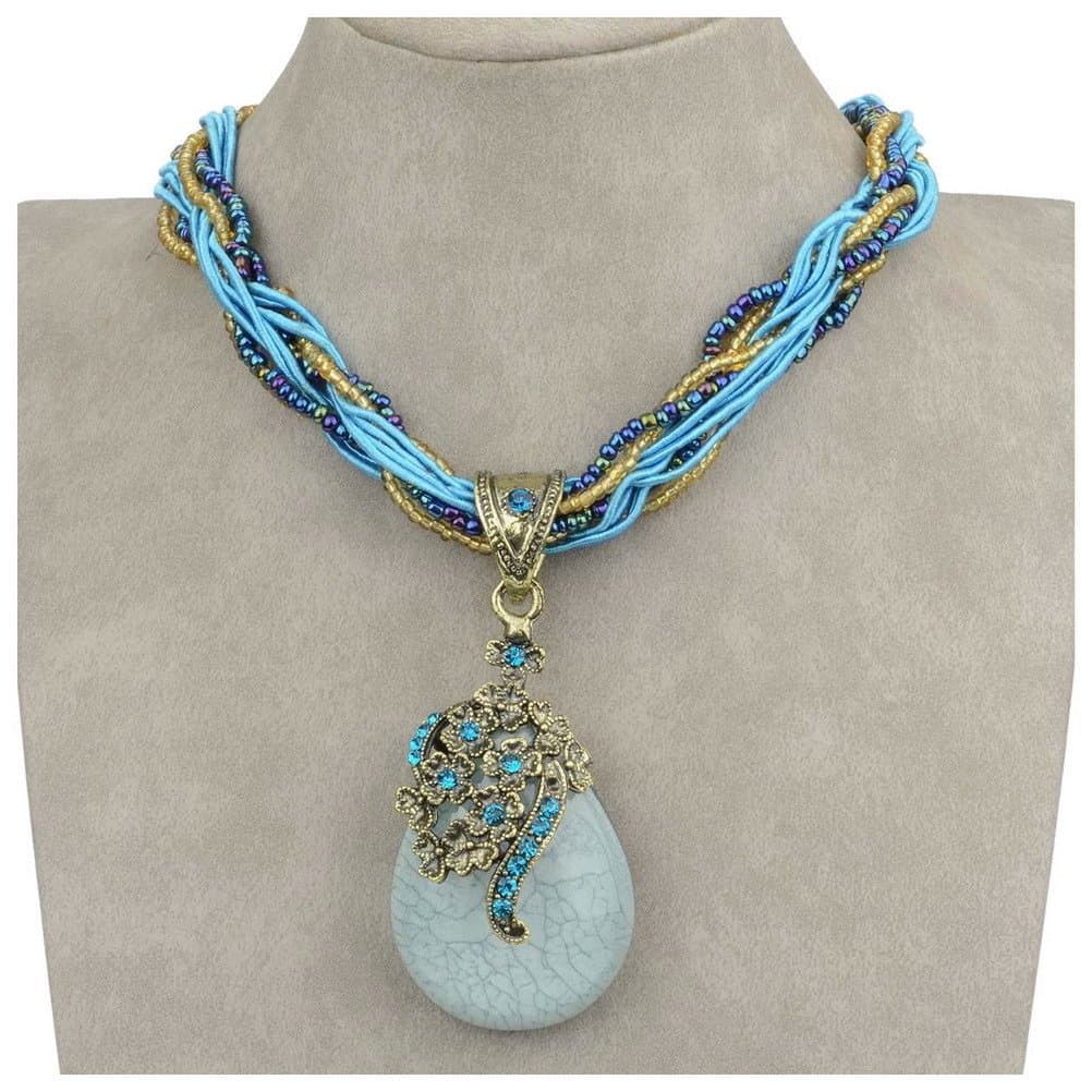 Pendant Necklace Drop VTG Resin Beads Charms Statement Necklaces Blue and Red