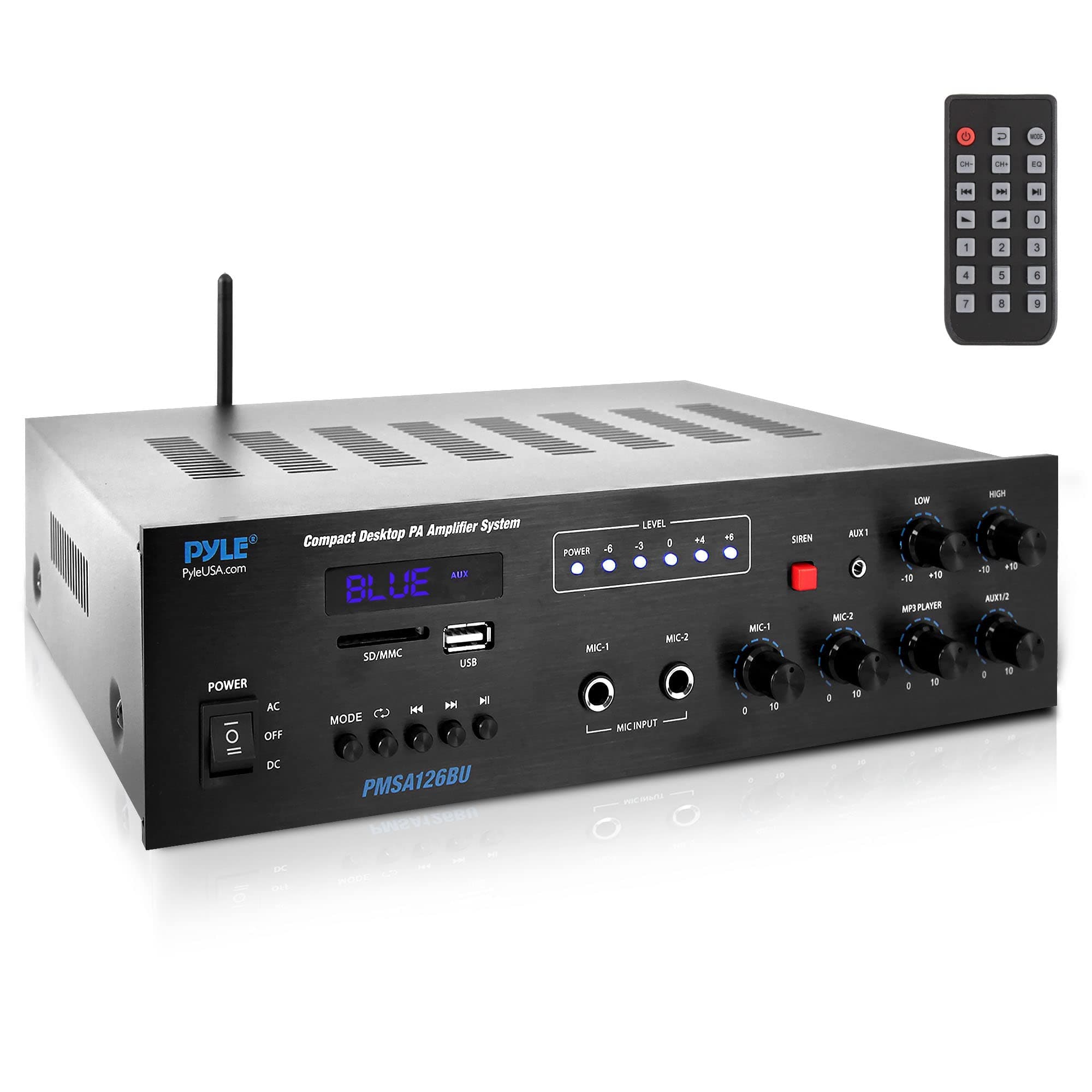 Public Address Amplifier - 500W Compact Digital Receiver w/ 70V 100V Output, Dual Mic Input, USB-A Input w/ MP3 Player, FM Radio, RCA | Home, Continuous Volume and Commercial | PMSA126BU