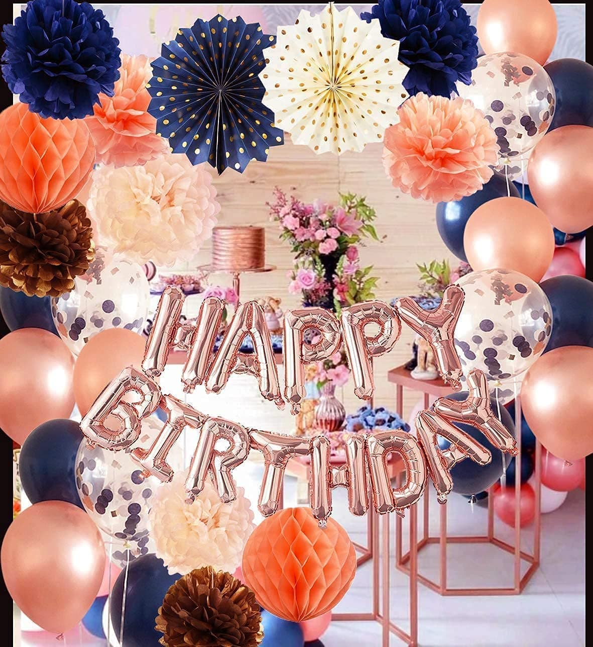 Navy Blue Rose Gold Birthday Decorations for Women Qian's Party Champagne Peach Navy Peach Balloons Rose Gold HAPPY BIRTHDAY Balloons for Women's 16th/21st/50th/30th/40th Birthday Party Supplies