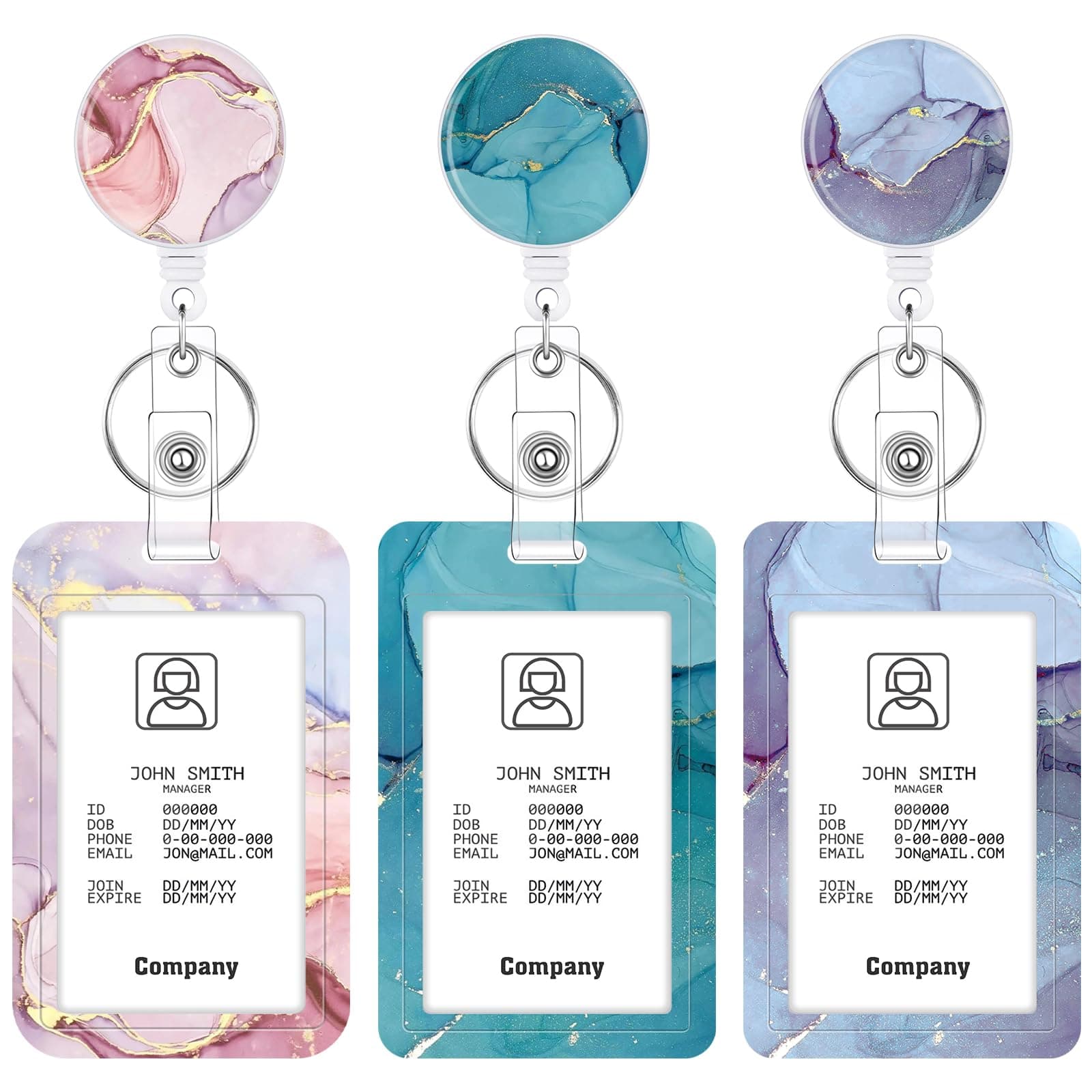 3 Set Heavy Duty Badge Holder with Retractable Reel, Marble Retractable ID Badge Holders with Clip Name Key Card Holder Case for Teacher Nurse Gift for Coworkers