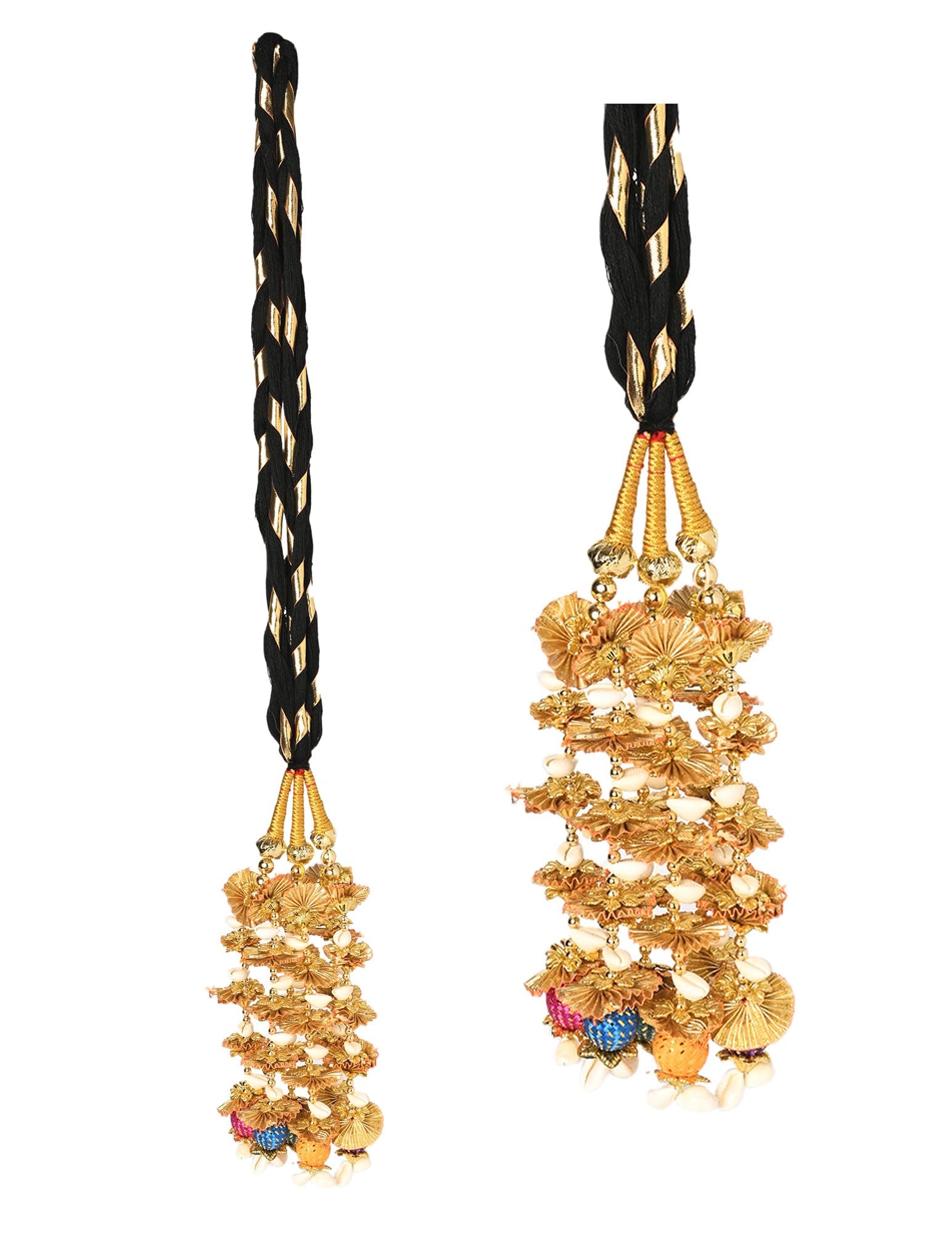 VTN Women's Patiala Shahi Parandi/Paranda Traditional Hair Accessory Braid Tassles/Hair Extension/Choti (Black with Golden Color Hangings & Multicolor Balls)