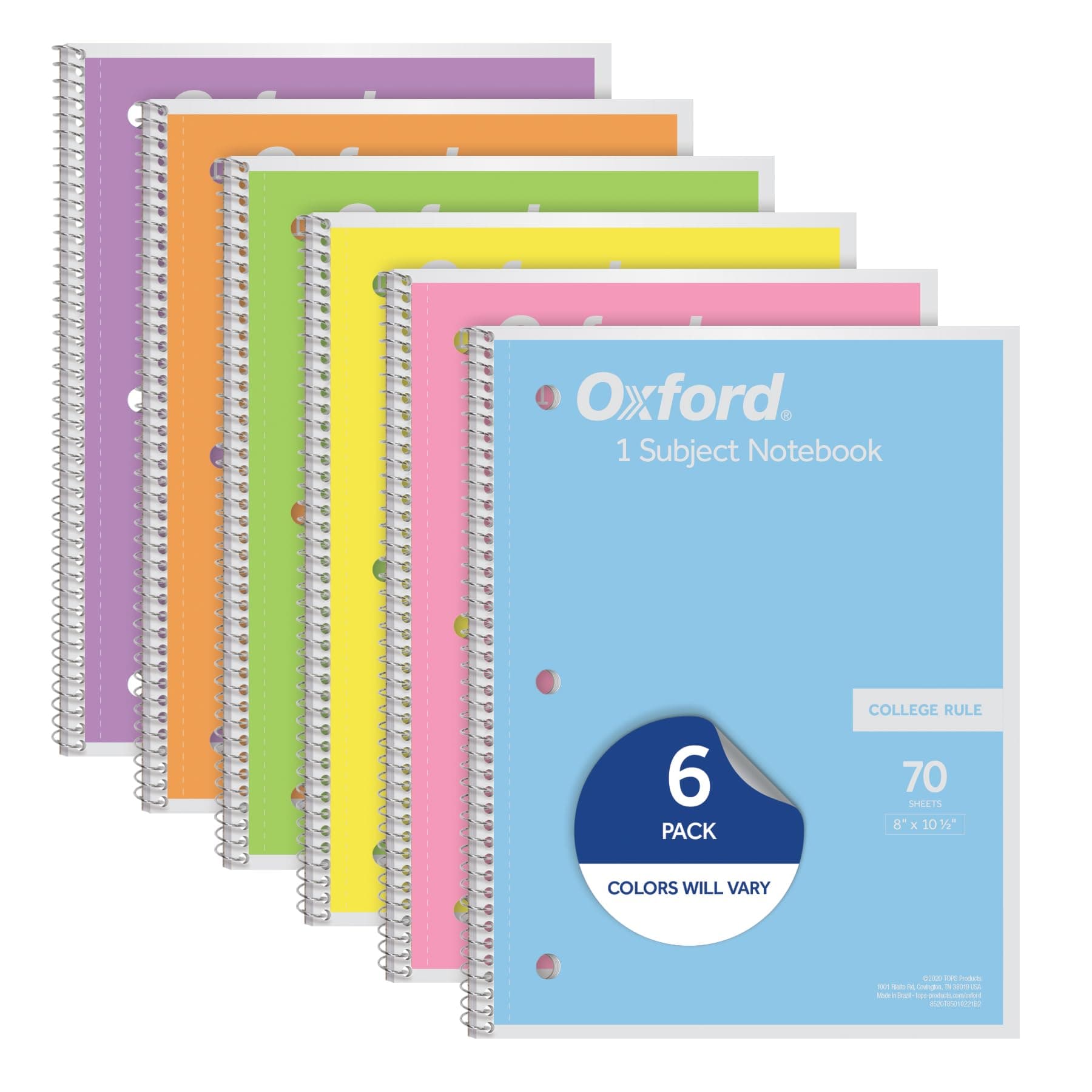 Oxford Spiral Notebook 6 Pack, 1 Subject, College Ruled Paper, 8 x 10-1/2 Inch, Pastel Pink, Orange, Yellow, Green, Blue and Purple, 70 Sheets (63756)