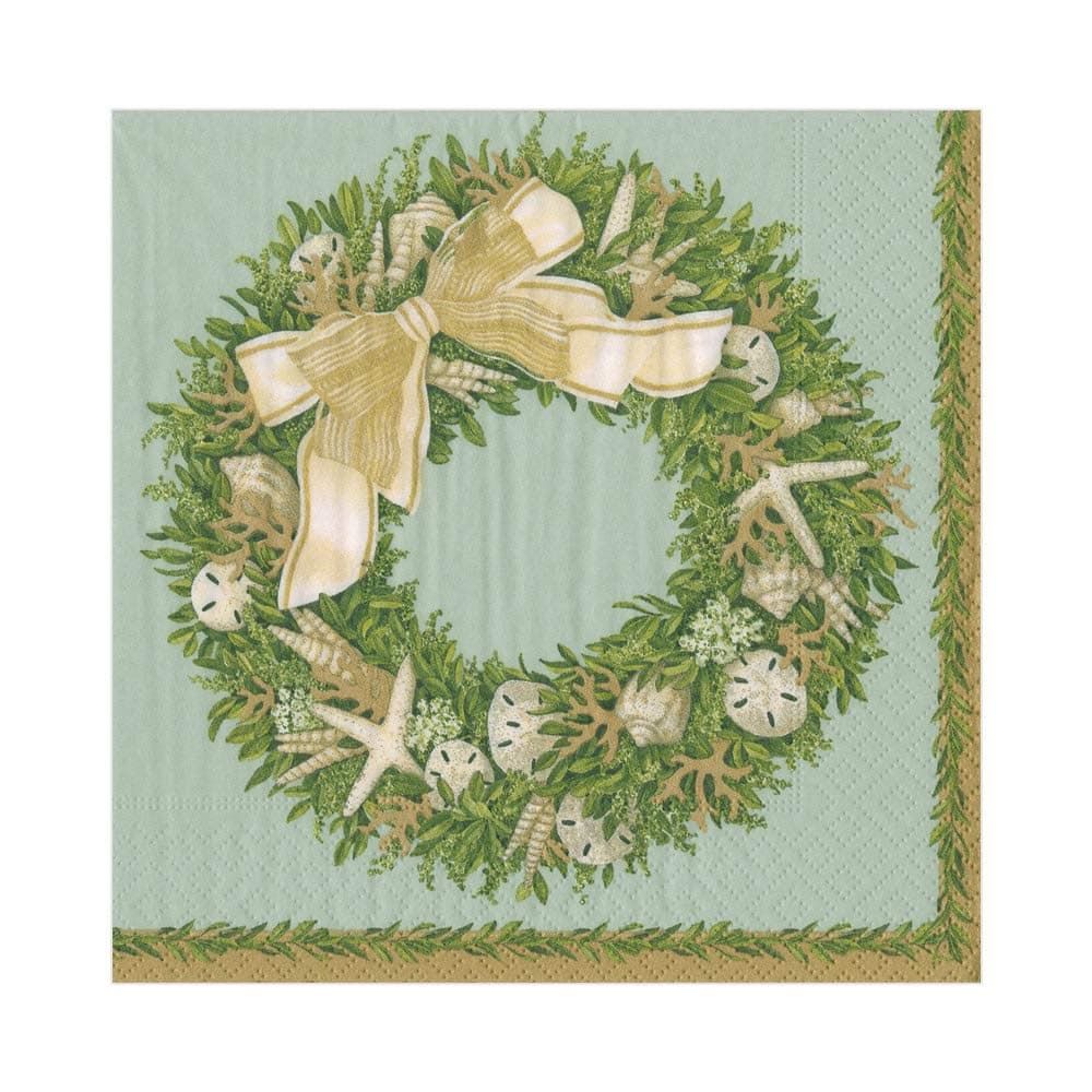 Beach Christmas Decor Lunch Napkins Paper Napkins Coastal Christmas Decorations Christmas Party Napkins Shell Wreath Blue 6.5" x 6.5" Pk 40