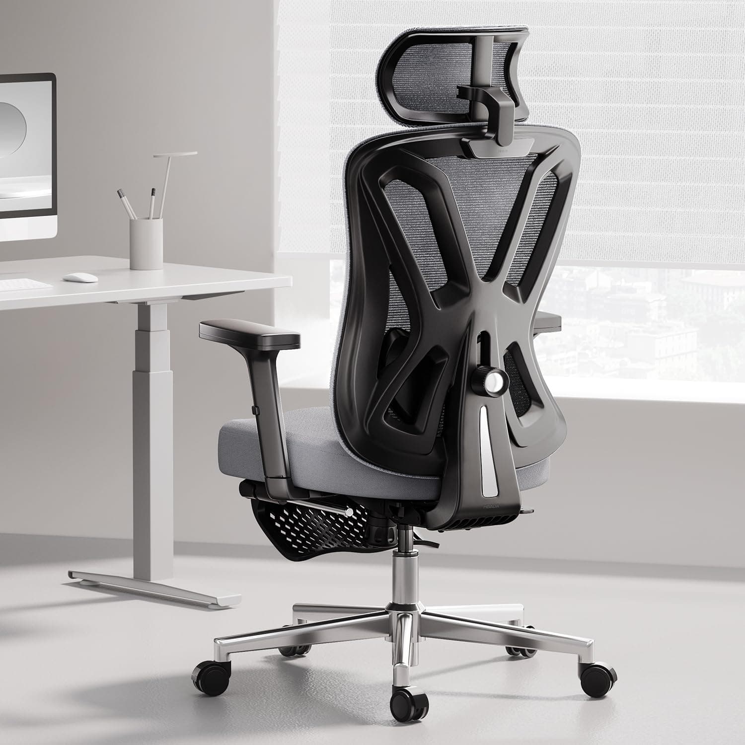 Hbada Ergonomic Office Chair, Desk Chair, Lumbar Support, Adjustable Height, Comfortable Mesh Computer Chair with Footrest, 2D Elbow and Swivel Tilt, Gray