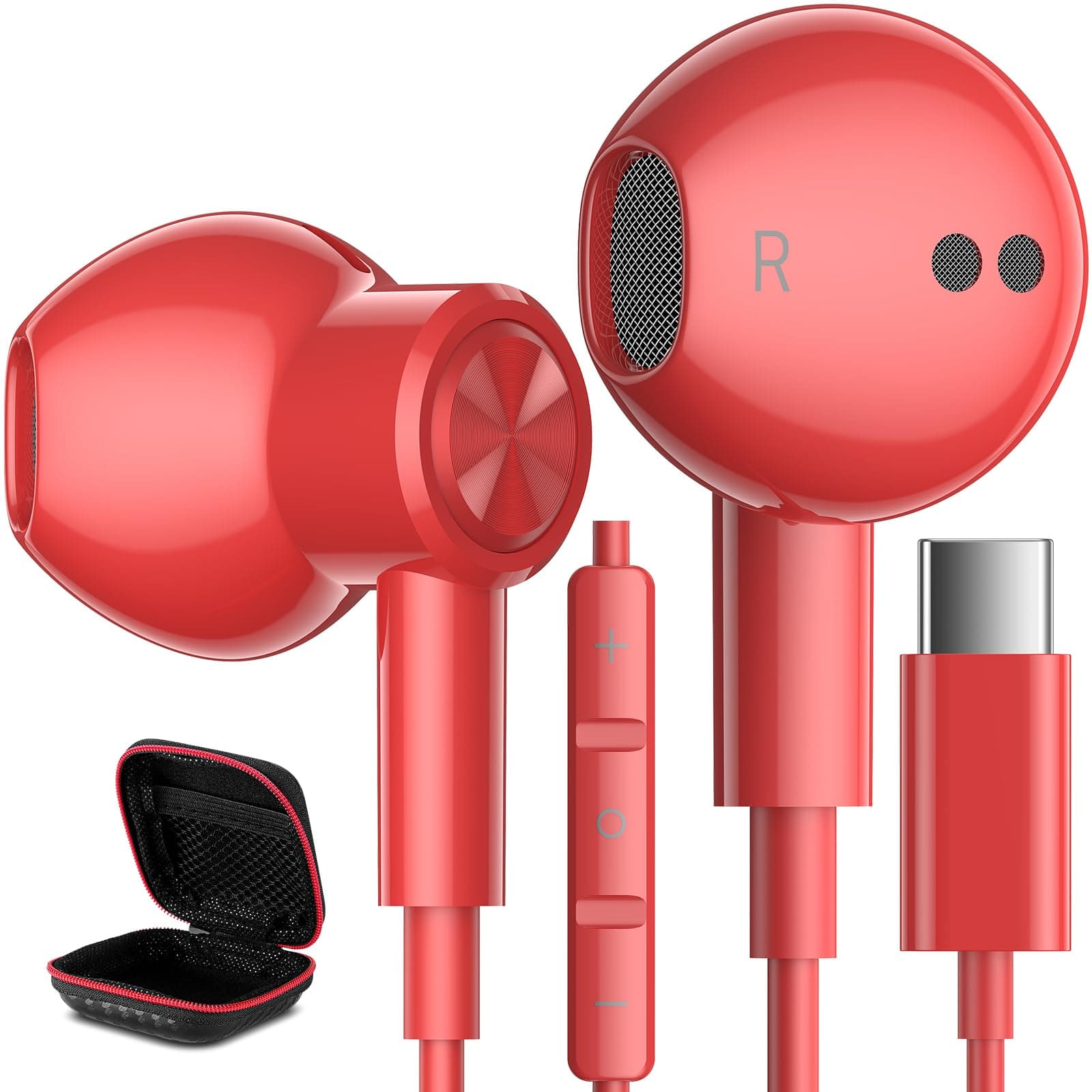 USB C Headphones Wired Type C Earphones for Samsung/Galaxy S26 S25 S24 Plus S23 S22 S21 S20 Ultra Magnetic Corded Earbuds for iPhone 15 Pro Max 16 16e 17 17e Air for Apple/Android Ear Buds Red