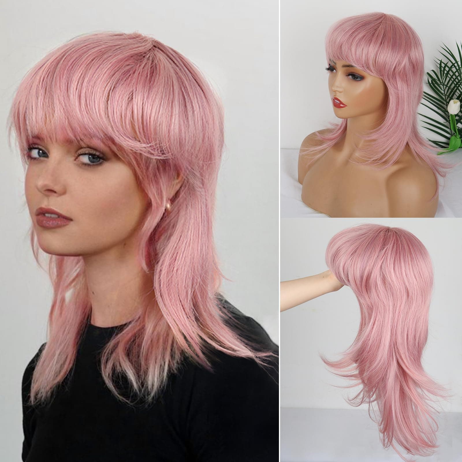 Pink Mullet Wigs for Black Women Layered Straight Wolf Cut Wig Synthetic Cosplay Mullet Wigs with Bangs for Women