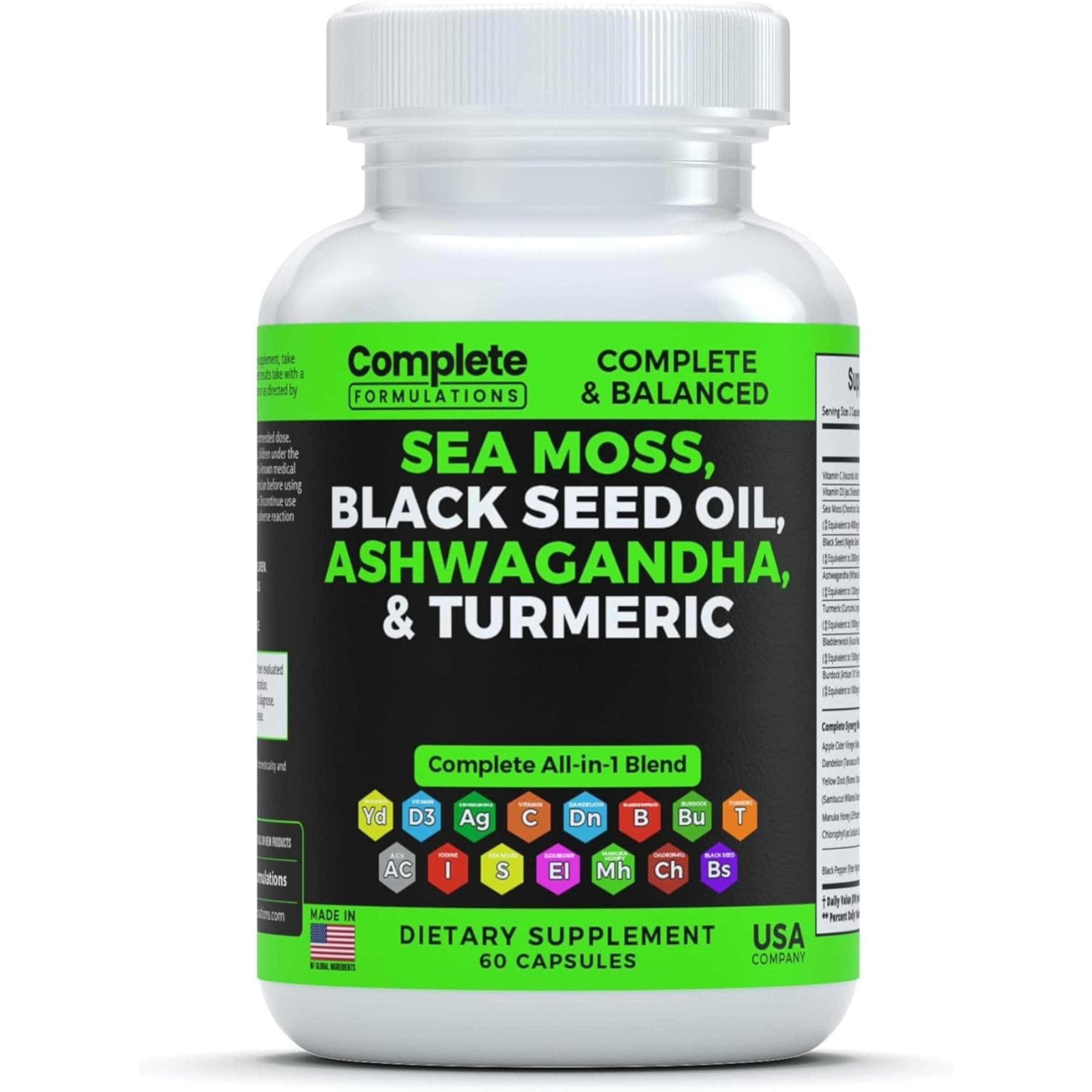 Sea Moss Supplement Blend with Black Seed Oil Ashwagandha Turmeric Bladderwrack, Burdock & Vitamin C & D3 with Elderberry Manuka Dandelion Yellow Dock Iodine