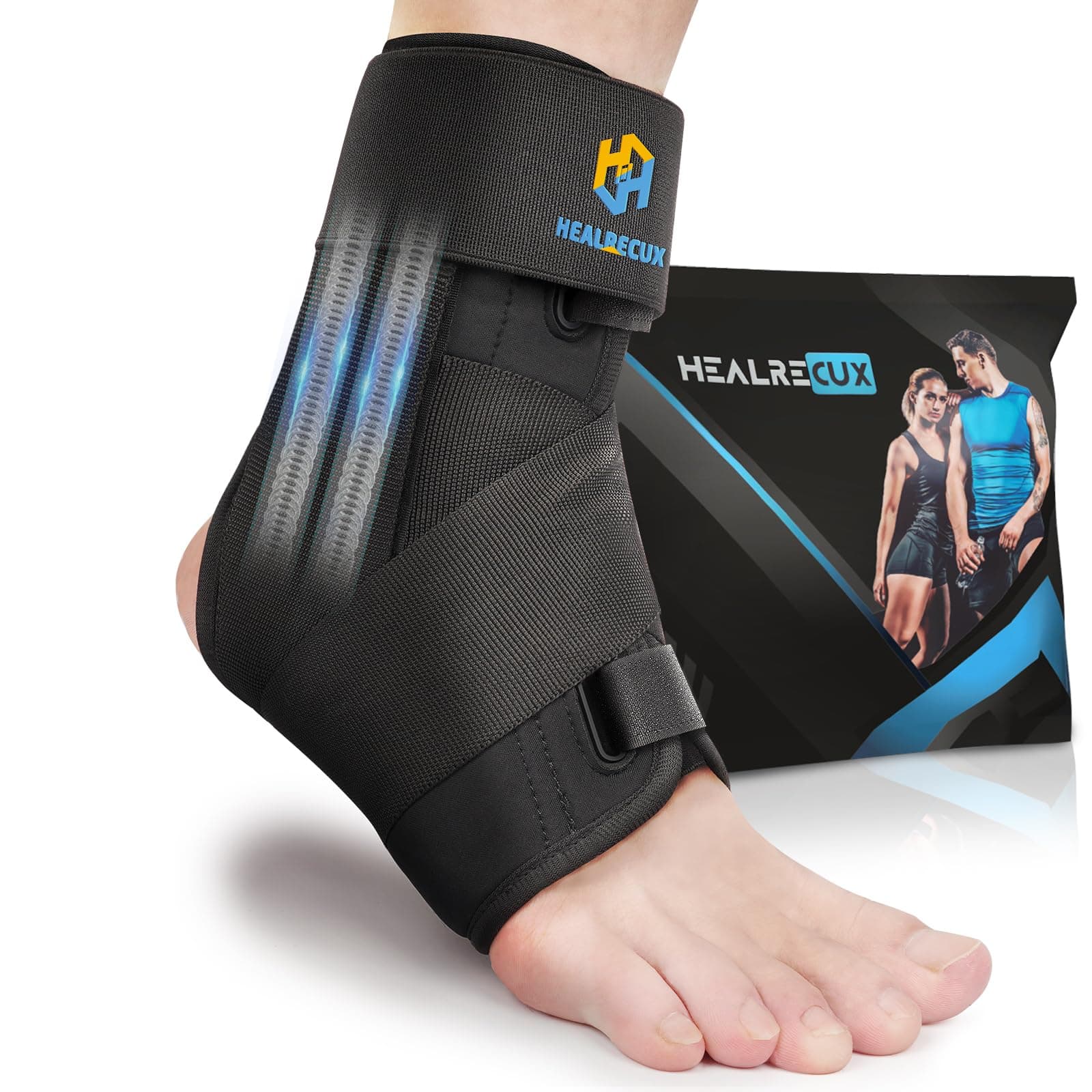Healrecux Ankle Brace for Sprained Ankle, Upgraded Lace-Free Foot Support for Women Men, Metal Springs Splint Ankles Stabilizer Brace for Basketball Volleyball Tennis Sports - L