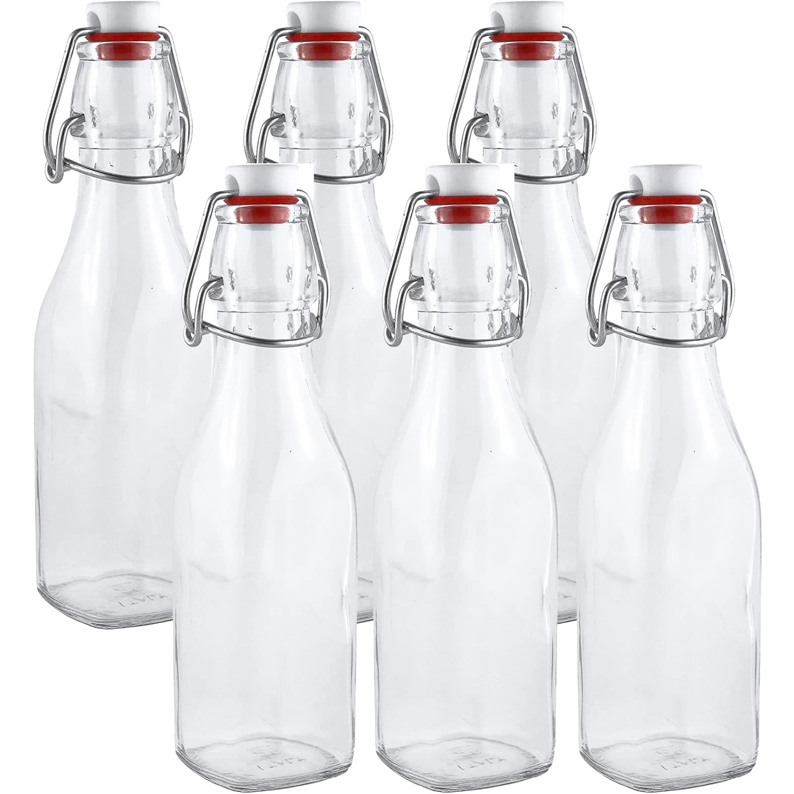 Swing Top Easy Cap Clear Glass Bottles with Caps, Round, 8.5 oz, Set of 6 - Standard Size, Flip Top Glass Bottles to Store Home Brews, Oils, Vinaigrettes, Wines, Beer, Teas - Syrup Bottles