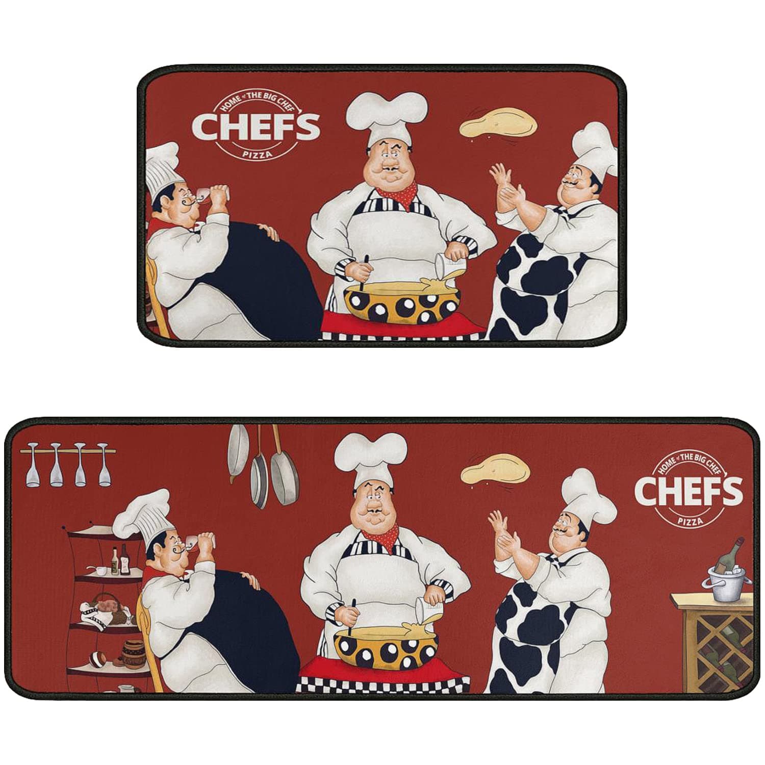 Faptoena Chef Kitchen Rugs and Mats Sets of 2,Fat Chef Red Kitchen Decoration Rugs,Rubber Backing Non-Slip Floor Mat Washable Waterproof Runner Rugs