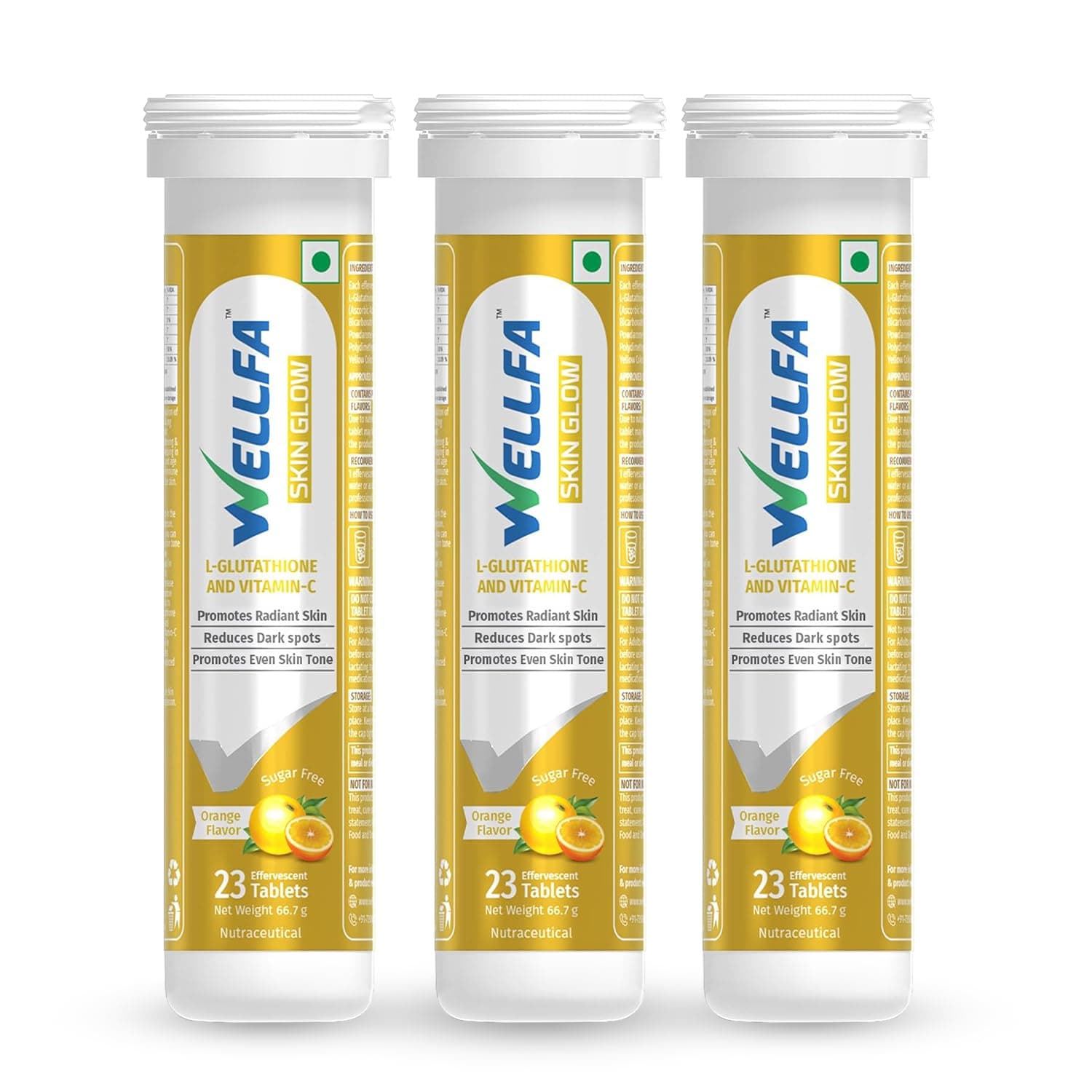 Wellfa Skin Glow Tablets Pack of 3 | L-Glutathione | Vitamin C | Skin Glow and Radiance for Men & Women | Orange flavor - 23 Effervescent tablets