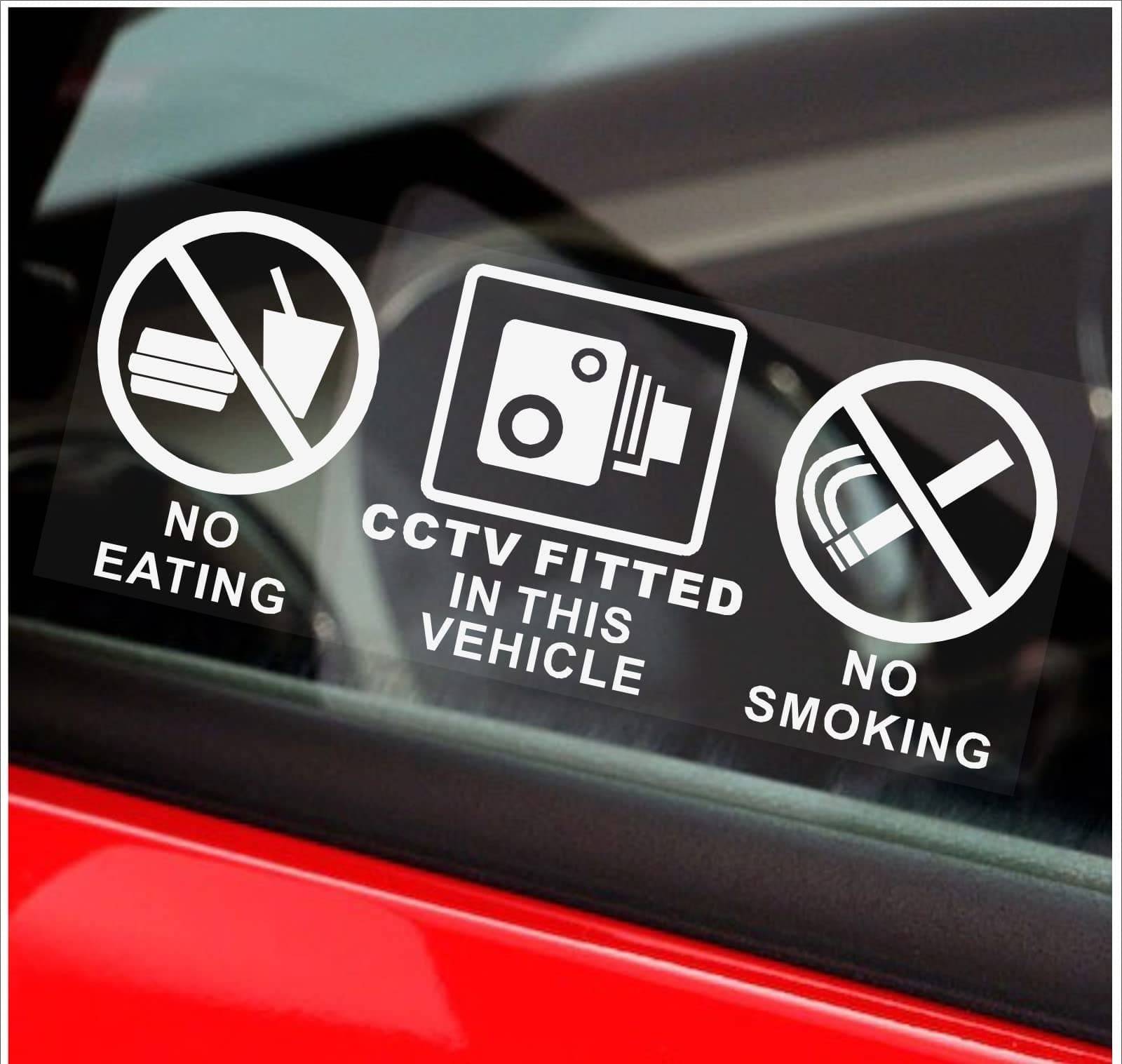 2 x T31 Vehicle No Eating,No Drinking,CCTV Fitted Stickers-WINDOW, White On Clear-120x50mm-Car,Truck,Van,Bus,Coach,Train,Taxi,Minicab,Minibus,Cab Notice Sign