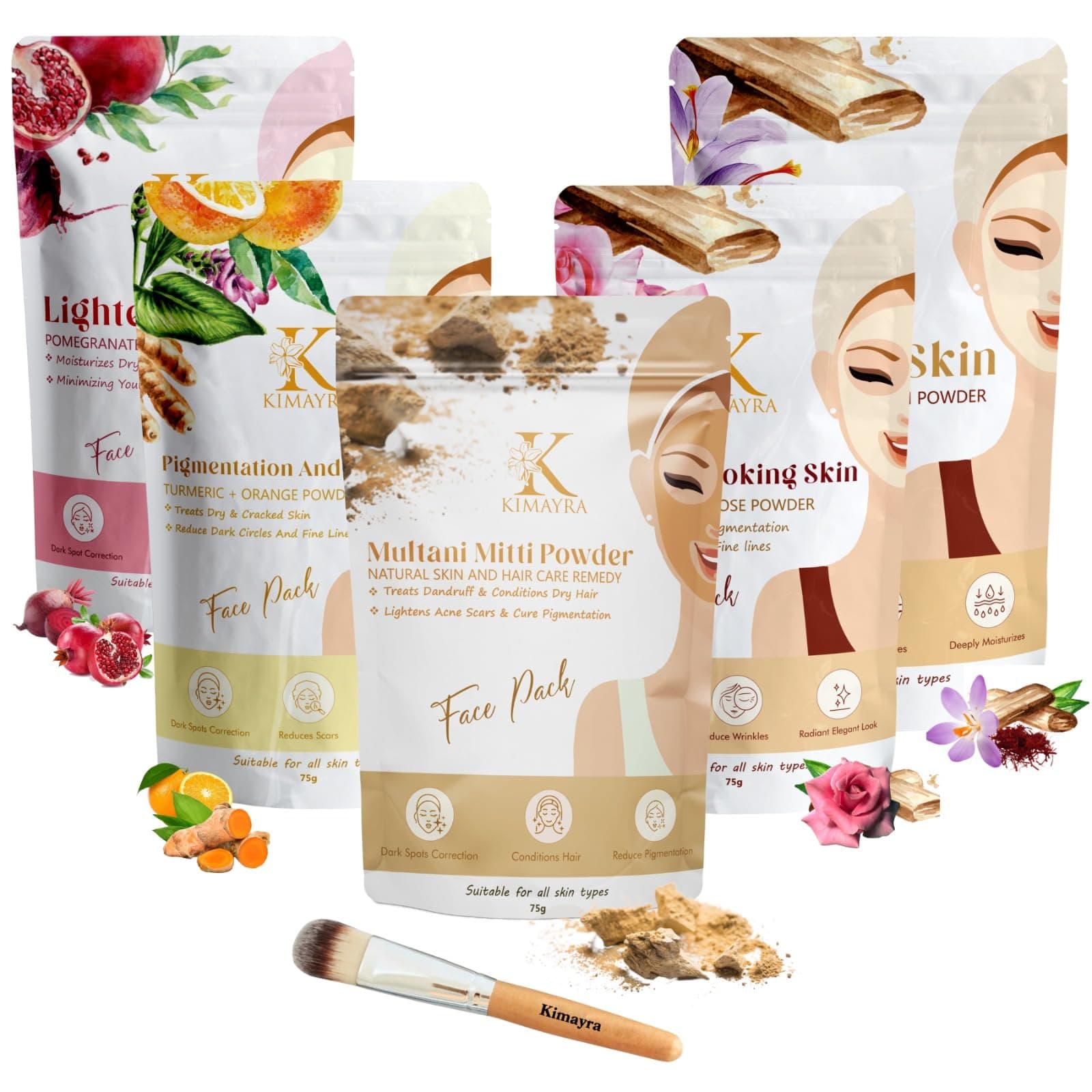 Kimayra Bride Skin Care Combo Powder (Sandalwood +Rose, Turmeric +Orange, Sandalwood +Saffron, Pomegranate +Beetroot, Multani Mitti) Face Pack Combo Powder for Natural Glow Skin -375Gm (75G X 5 Pack)