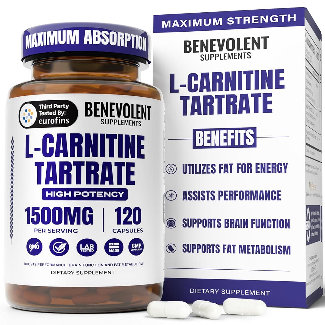 Benevolent L Carnitine Supplement - High Potency 1500mg L-Carnitine Tartrate - Fast Absorbing, Convert Fat to Energy, Support Lean Muscle, Boost Workout Performance & Metabolism – 120 Vegan Capsules