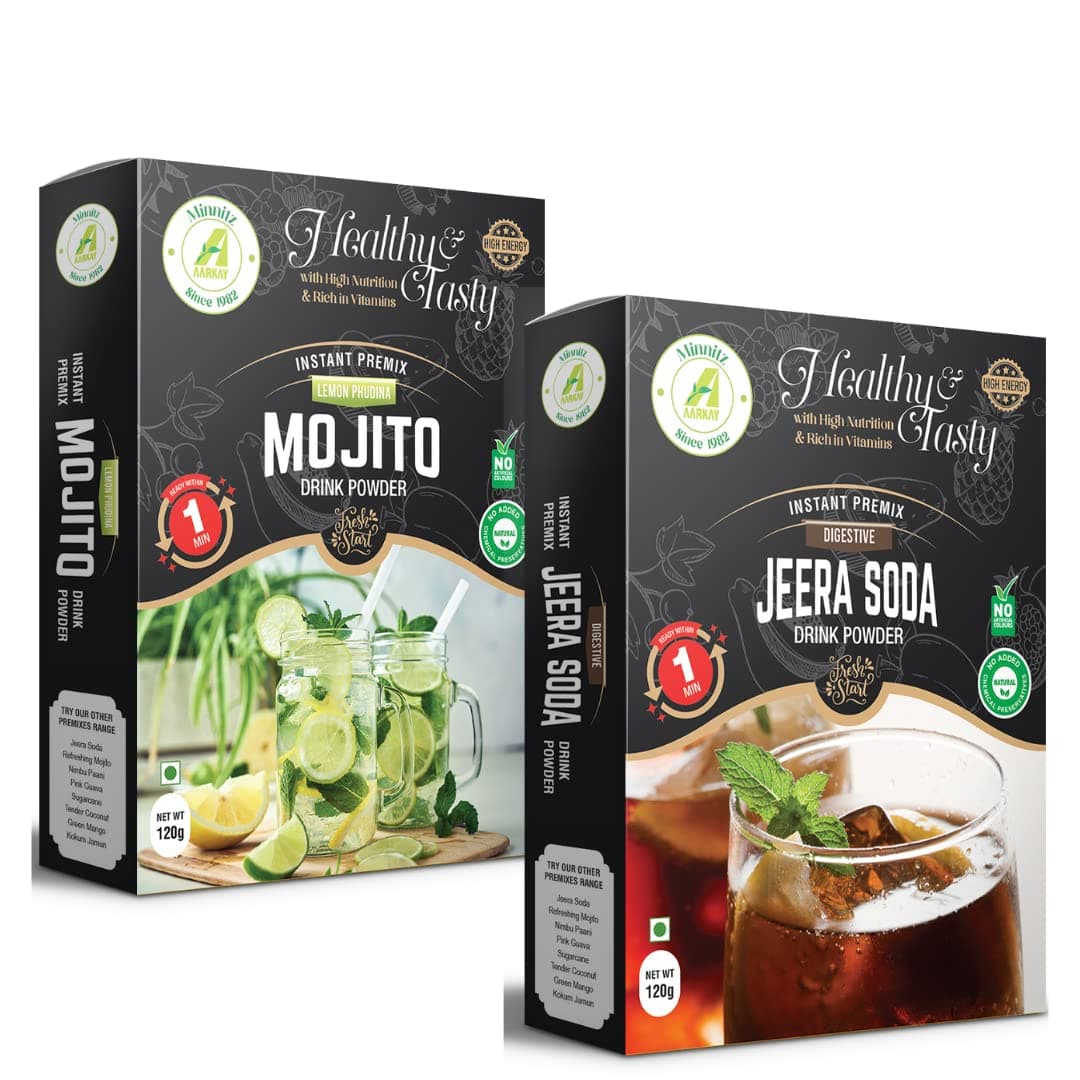 Aarkay All Fresh Instant Healthy High Energy Jeera Soda And Mojito Combo Premix Powder Drink (Pack of 2, 120g each)