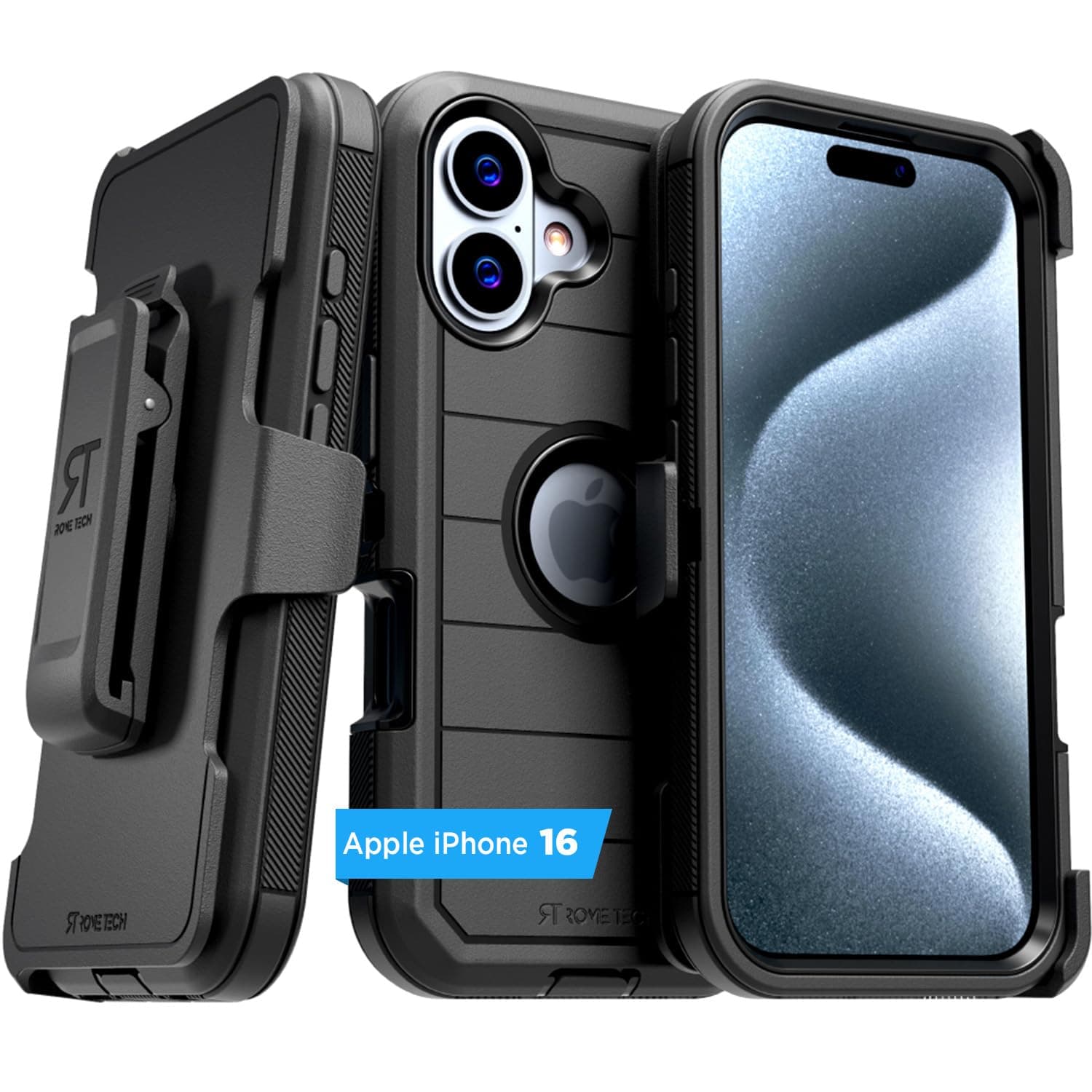 Designed for iPhone 16 Case with Belt Clip Holster & Kickstand, Screenless Dual-Layer Shockproof Phone Case - Black