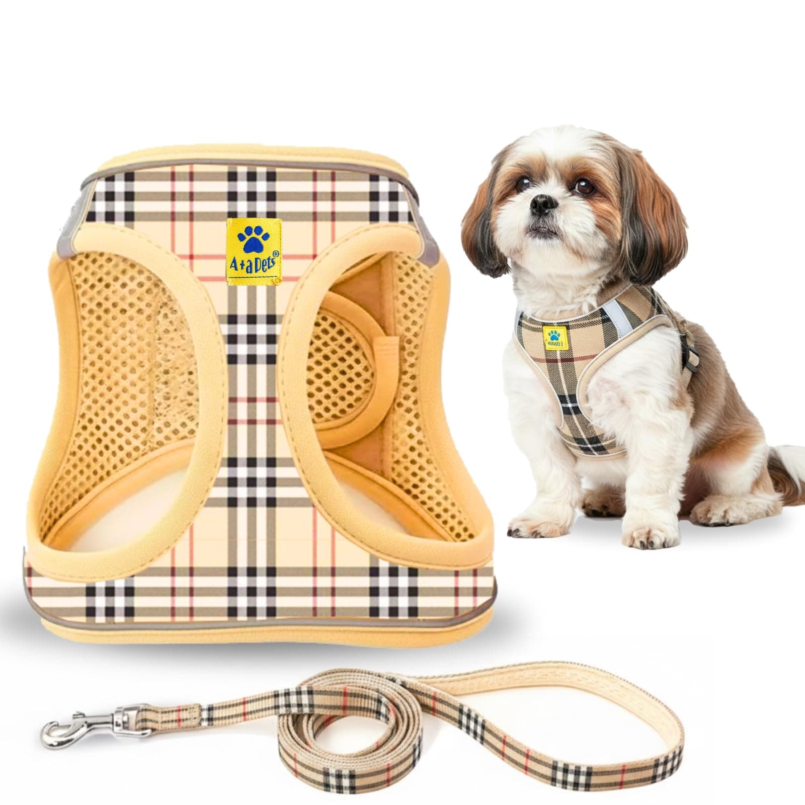 Bur-Berry Checks Dog Harness & Leash Set – Adjustable Padded Step-in No-Pull Harness Belt Combo (S)