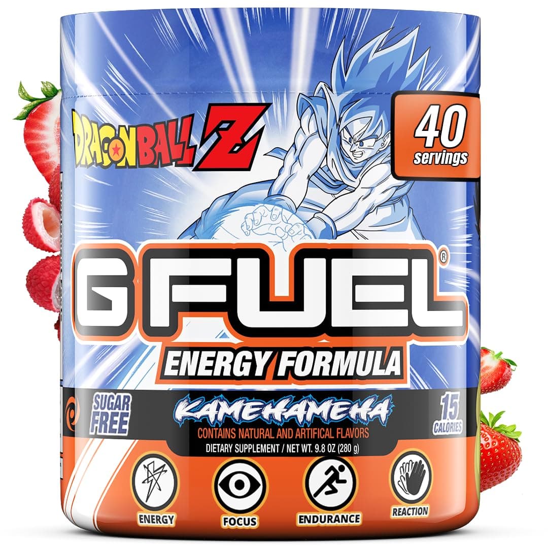 Dragon Ball Z Energy Drink Powder, Pre Workout Caffeine Mix for Gaming, Sugar Free Focus Amino, Vitamin + Antioxidants, 9.8oz (Strawberry Lychee, 40 Servings)