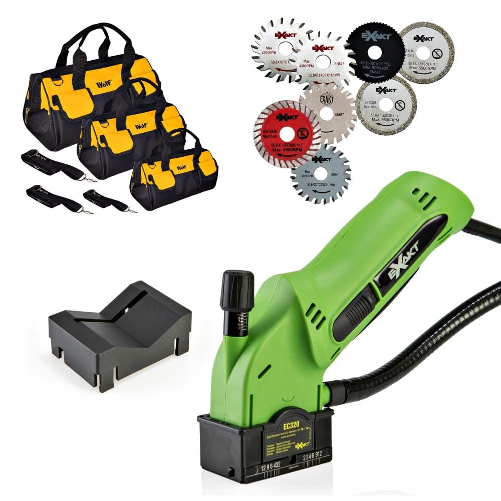 Exakt EC320 Power Electric Hand Saw with 8 Blades, V Guard Attachment, Edge Guide and 3 x Wolf Heavy Duty Tool Bags