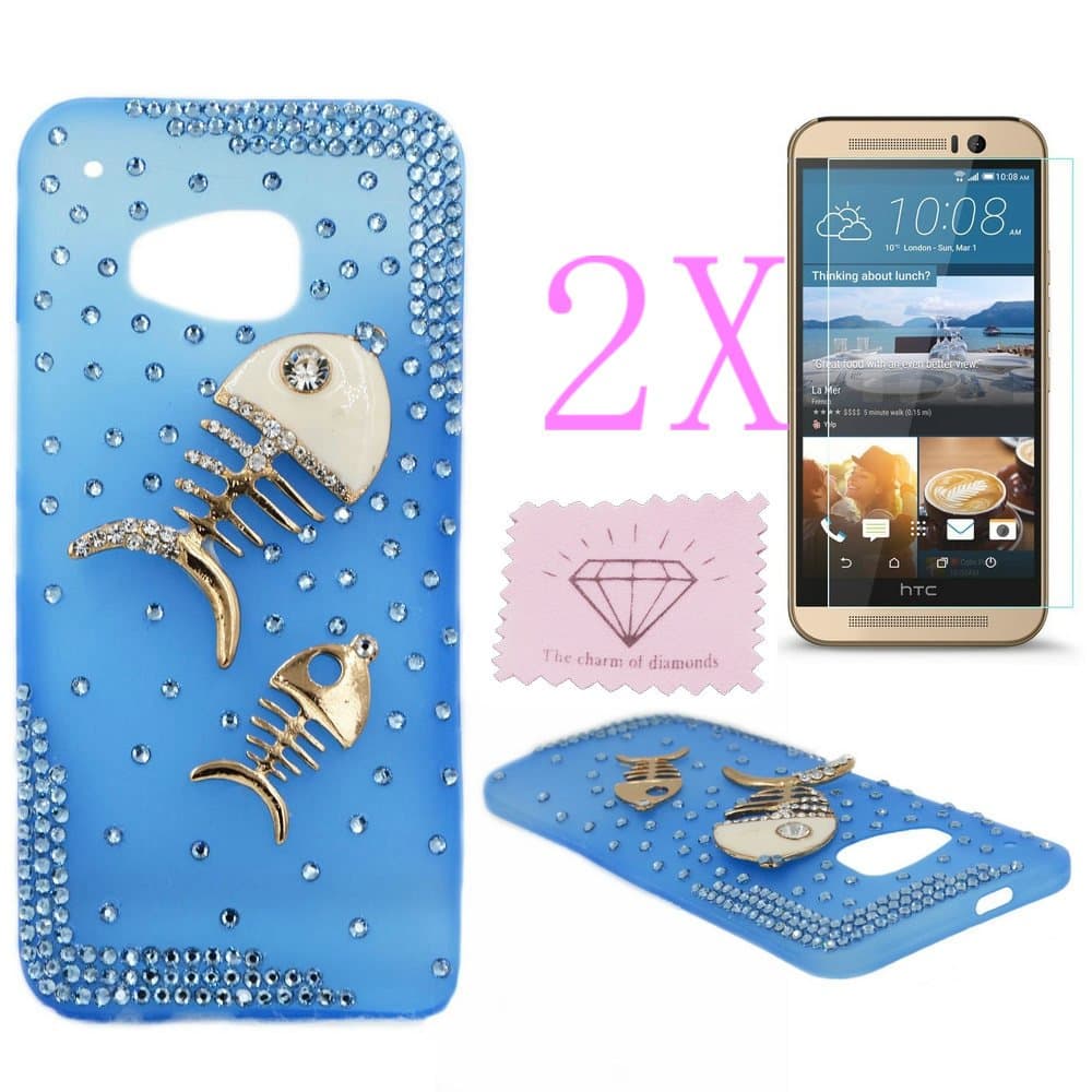 M9 Rhinestone Case, Charm Of Diamonds Gorgeous Unique 3D DIY Phone Cover For HTC One M9 Handmade Crystal Bling Case Protective Back Skin (Frosted Translucent Blue) +2 X Screen Protector +Clean Cloth