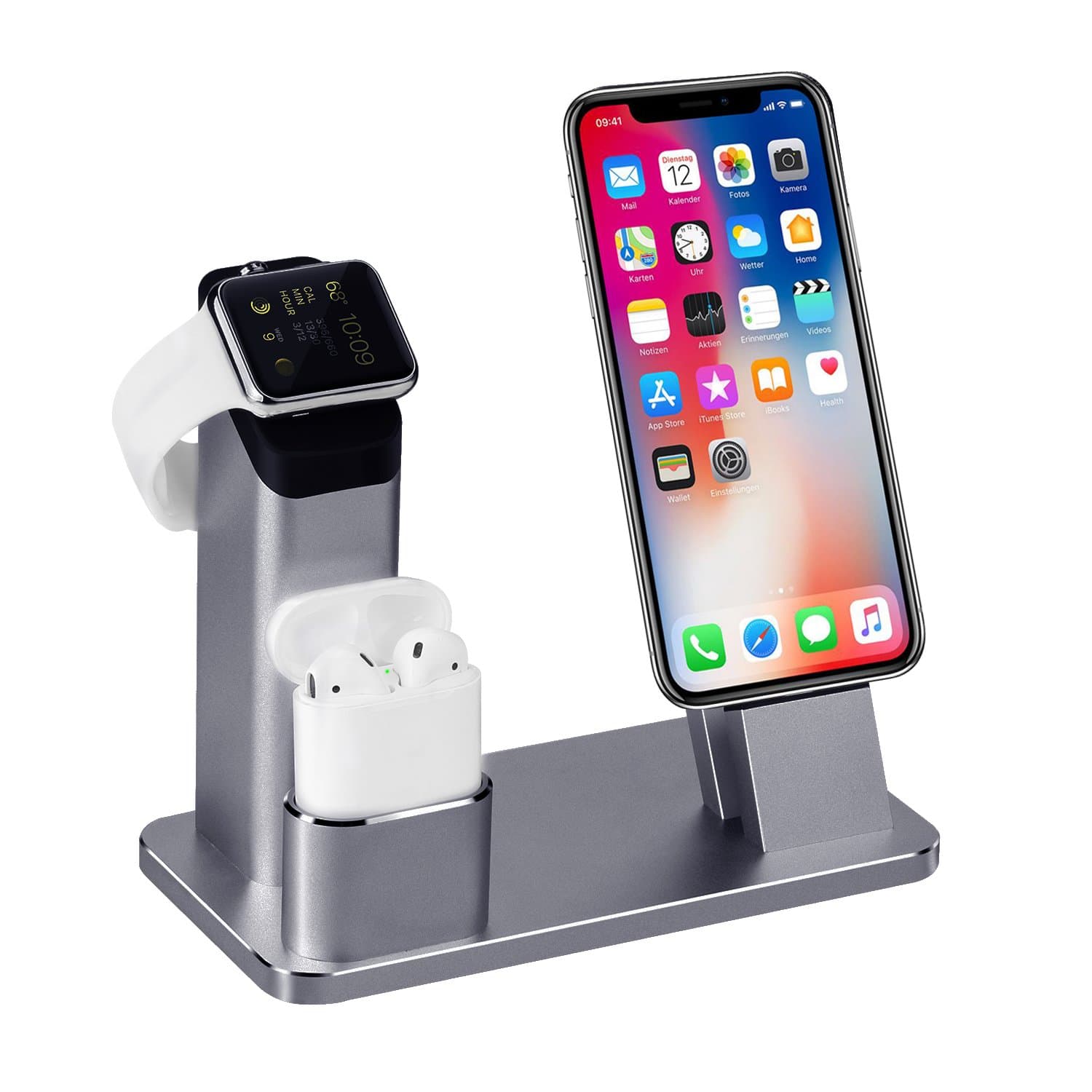 Apple Watch Stand, TOFOURT iPhone Charging Stand Dock Station Aluminum 4 in 1 AirPods Stand Holder, Support iWatch Series 2/1 NightStand Mode and iPhone X/8/7/7plus/SE/5s/8S/Plus with Case (Grey)