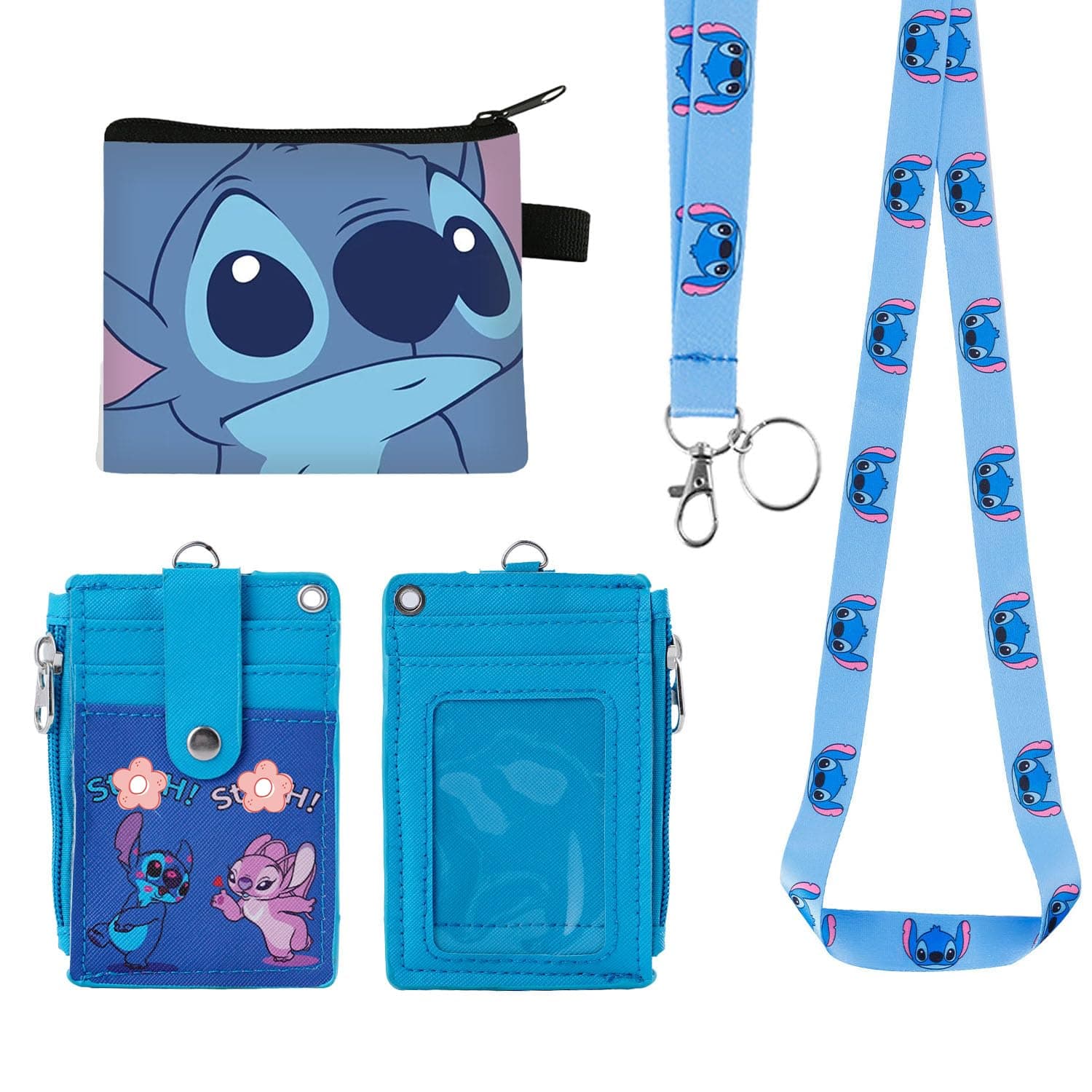 Cartoon Stitch Lanyard ID Badge Keychain with Wallet, Stitch ID Card Holder Keychain for Women （PULY-Stitch）