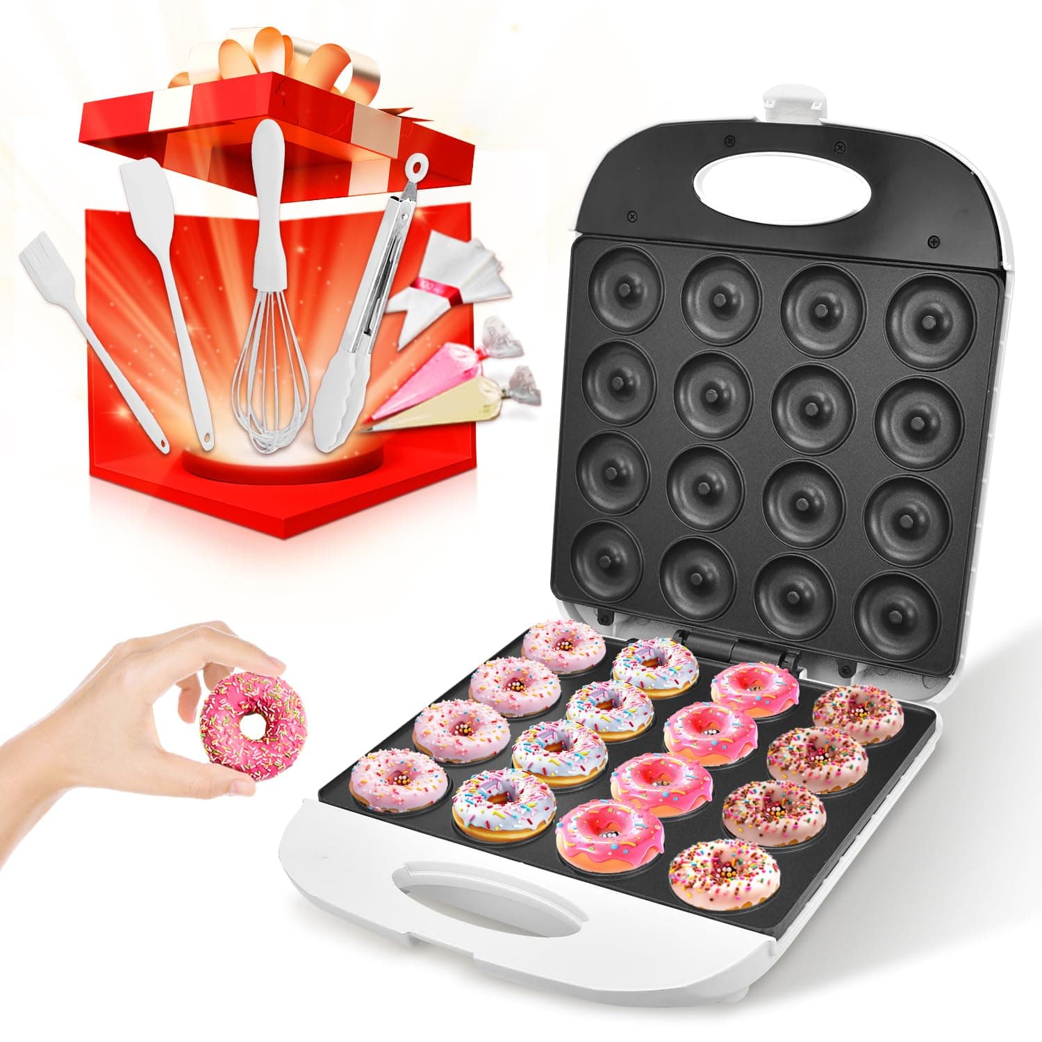 DSP All in One 2 Inch Mini Donut Maker, Non-Stick, Cool Touch, Electric Doughnut Machine for 16 Snacks & Desserts, Perfect for Birthday, Wedding, Baby Shower, Christmas, Party, Afternoon Tea
