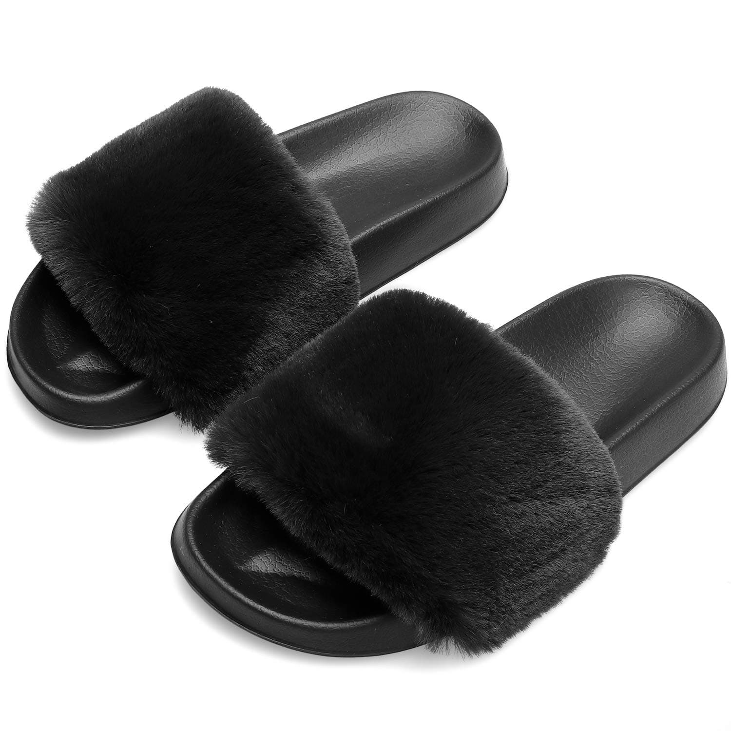 Womens Fuzzy Slides Open Toe Furry Slide Slippers Indoor Outdoor Slides Sandals Casual Flat Fluffy House Slippers