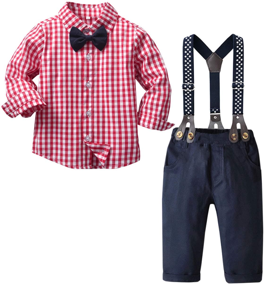 Baby Boy's 2 Pieces Tuxedo Outfit, Long Sleeves Plaids Button Down Dress Shirt with Bow Tie + Suspender Pants Set Suit for Infant Newborn Toddlers, Red, Tag 80 = 12-18 Months
